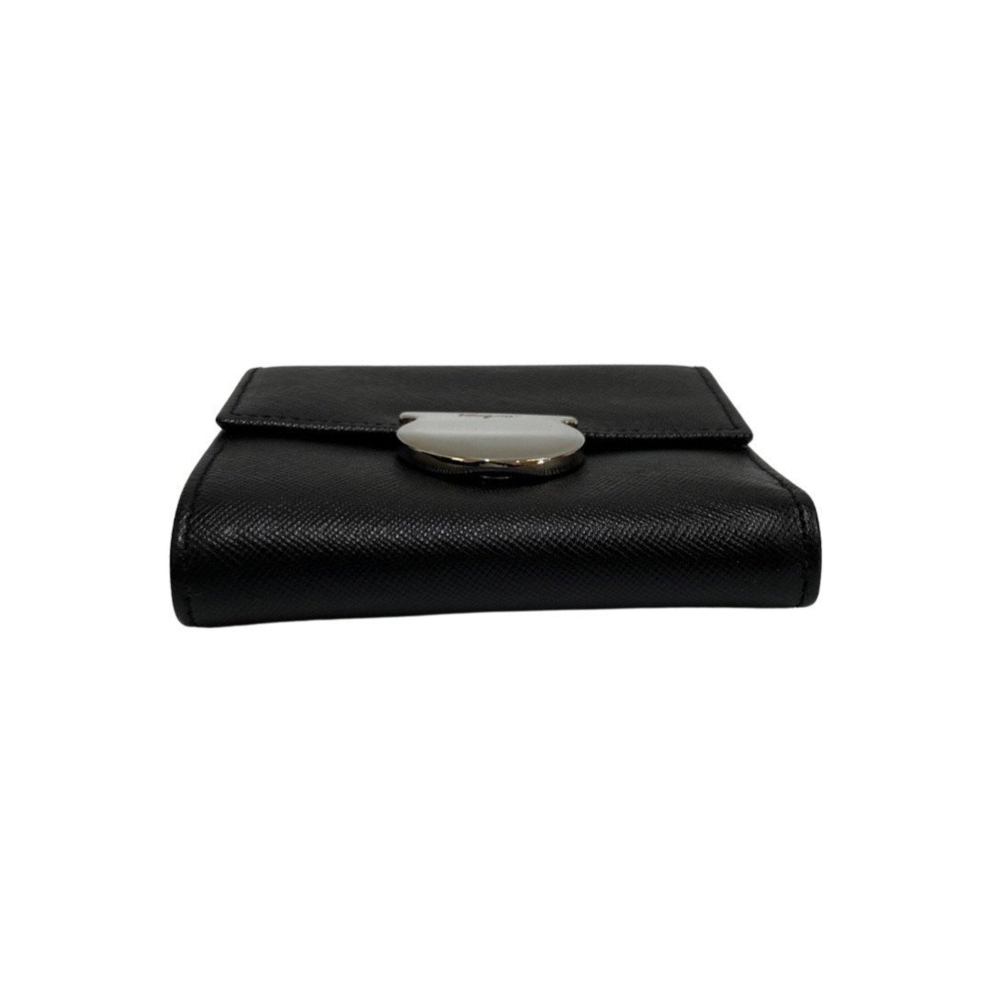 Salvatore Ferragamo Gancini Hardware Leather Genuine Bifold Wallet Mini Black