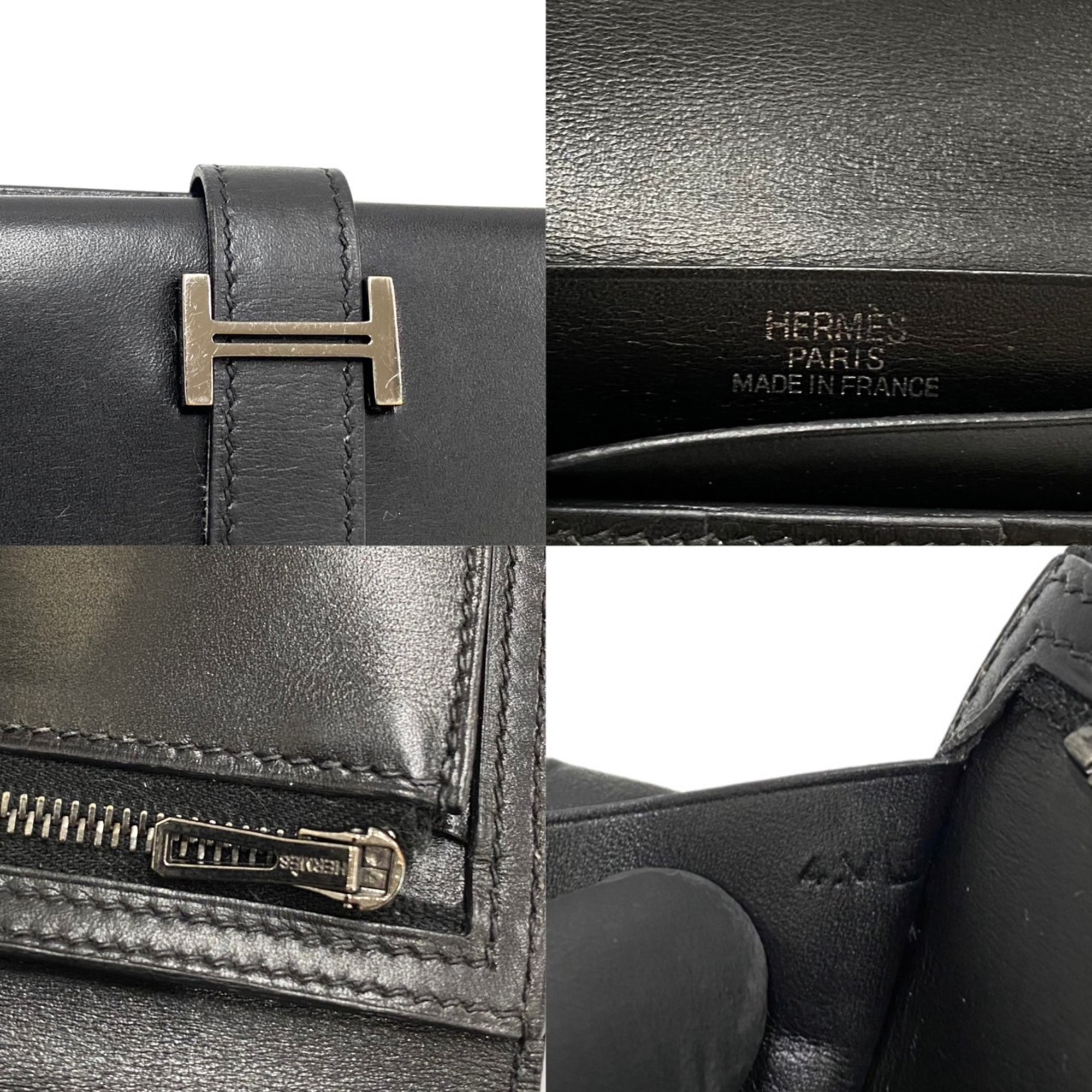 Engraved HERMES Hermes Bearn Logo Metal Fittings Box Calf Genuine Leather Bifold Long Wallet Black