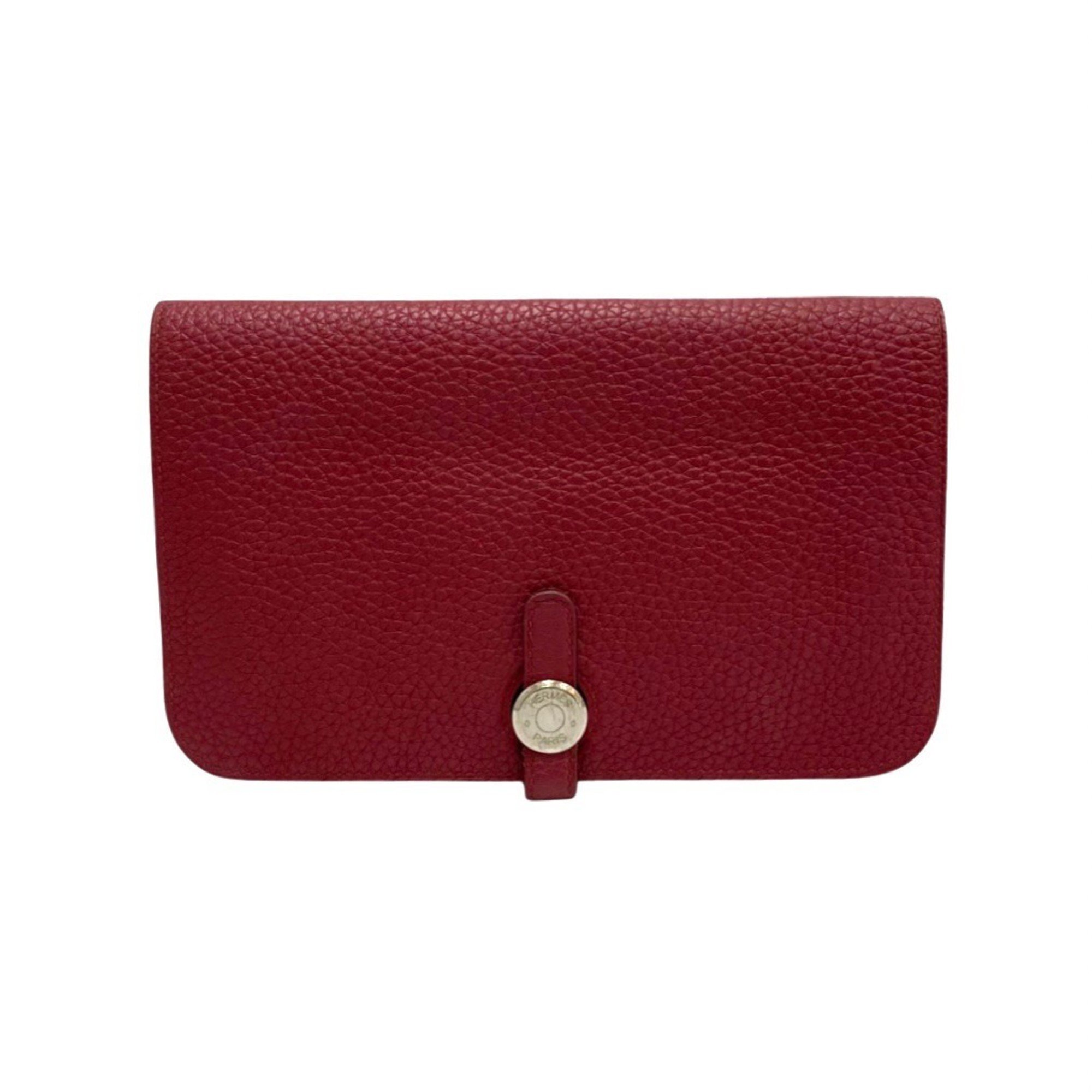 Engraved HERMES Dogon GM Taurillon Clemence Leather Genuine Bifold Long Wallet Wine Red