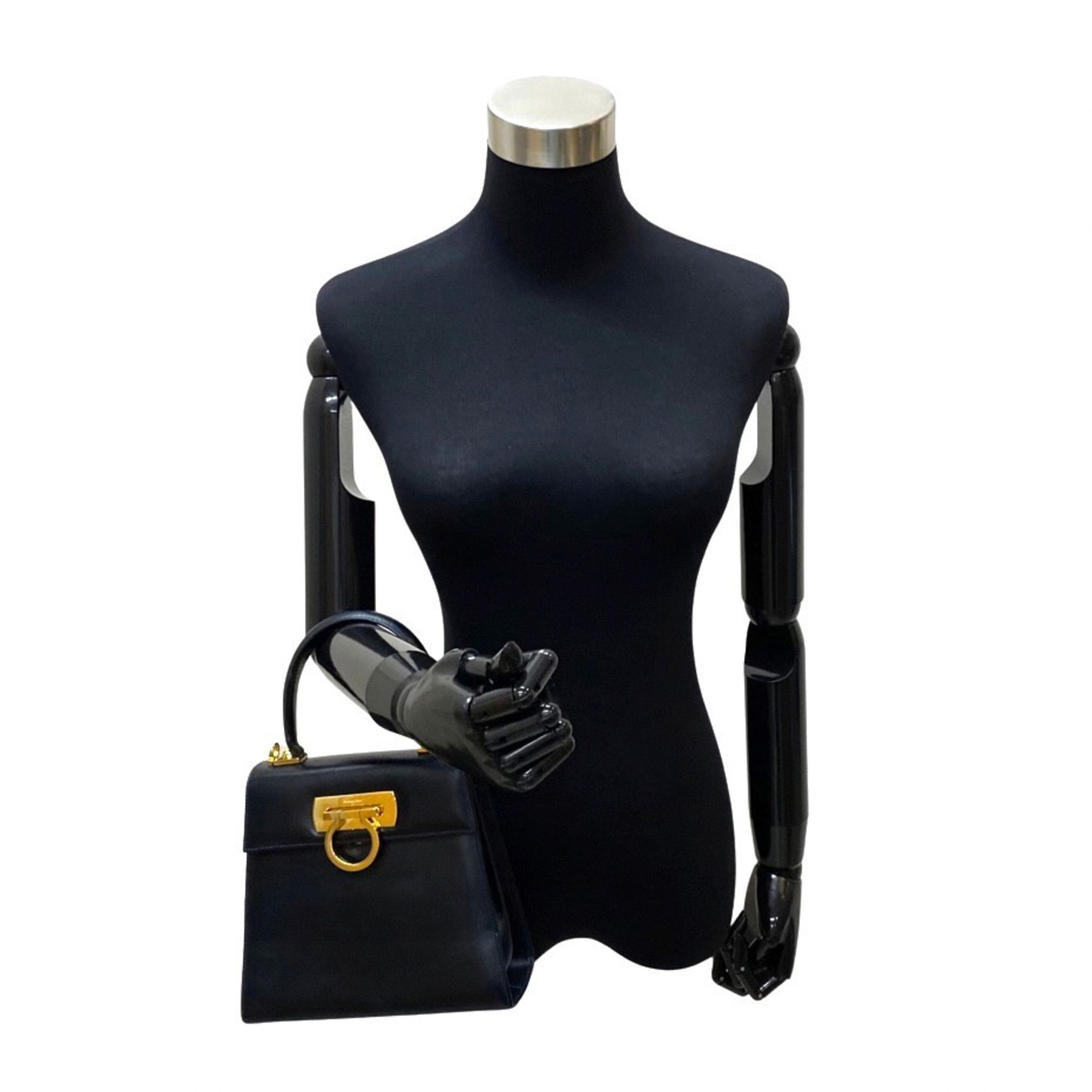 Salvatore Ferragamo Gancini Calf Leather 2way Handbag Shoulder Bag Dark Navy