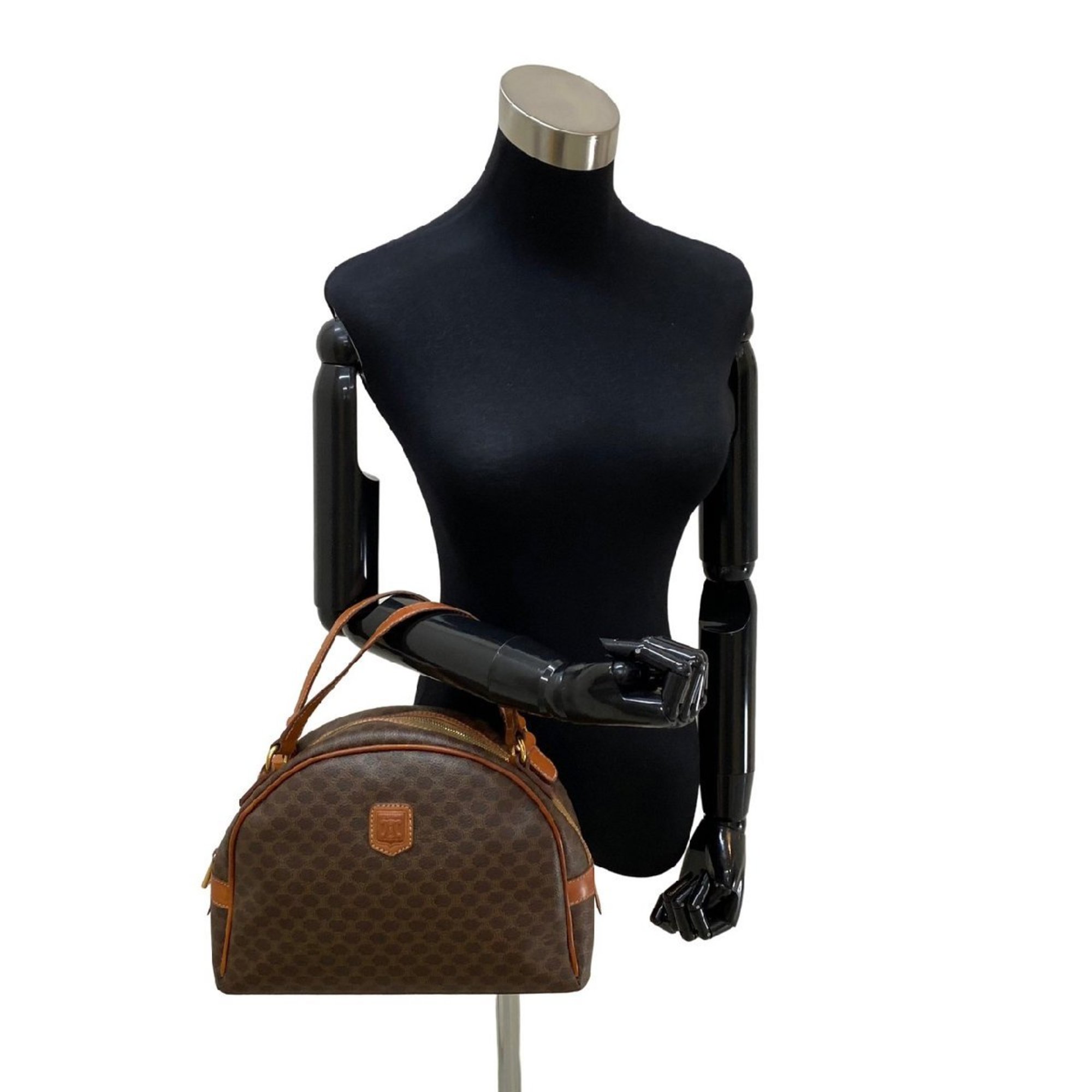 CELINE Vintage Macadam Blason Triomphe Pattern Logo Leather Genuine Handbag Mini Tote Bag Brown