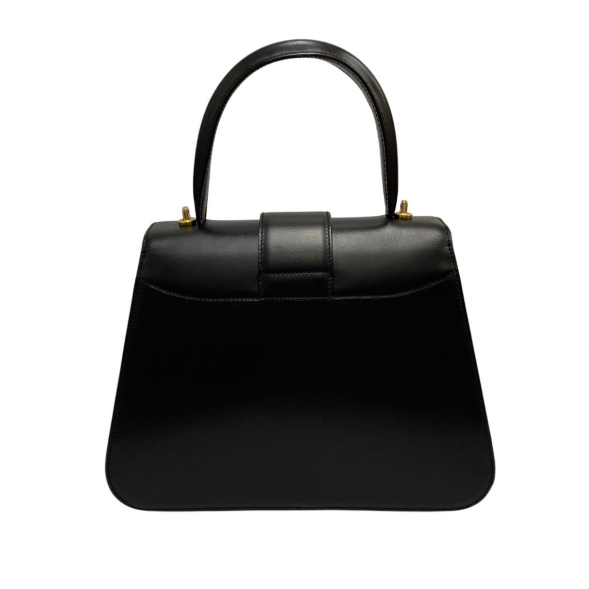 CELINE Circle Logo Metal Fittings Calf Leather Genuine 2way Shoulder Bag Handbag Black