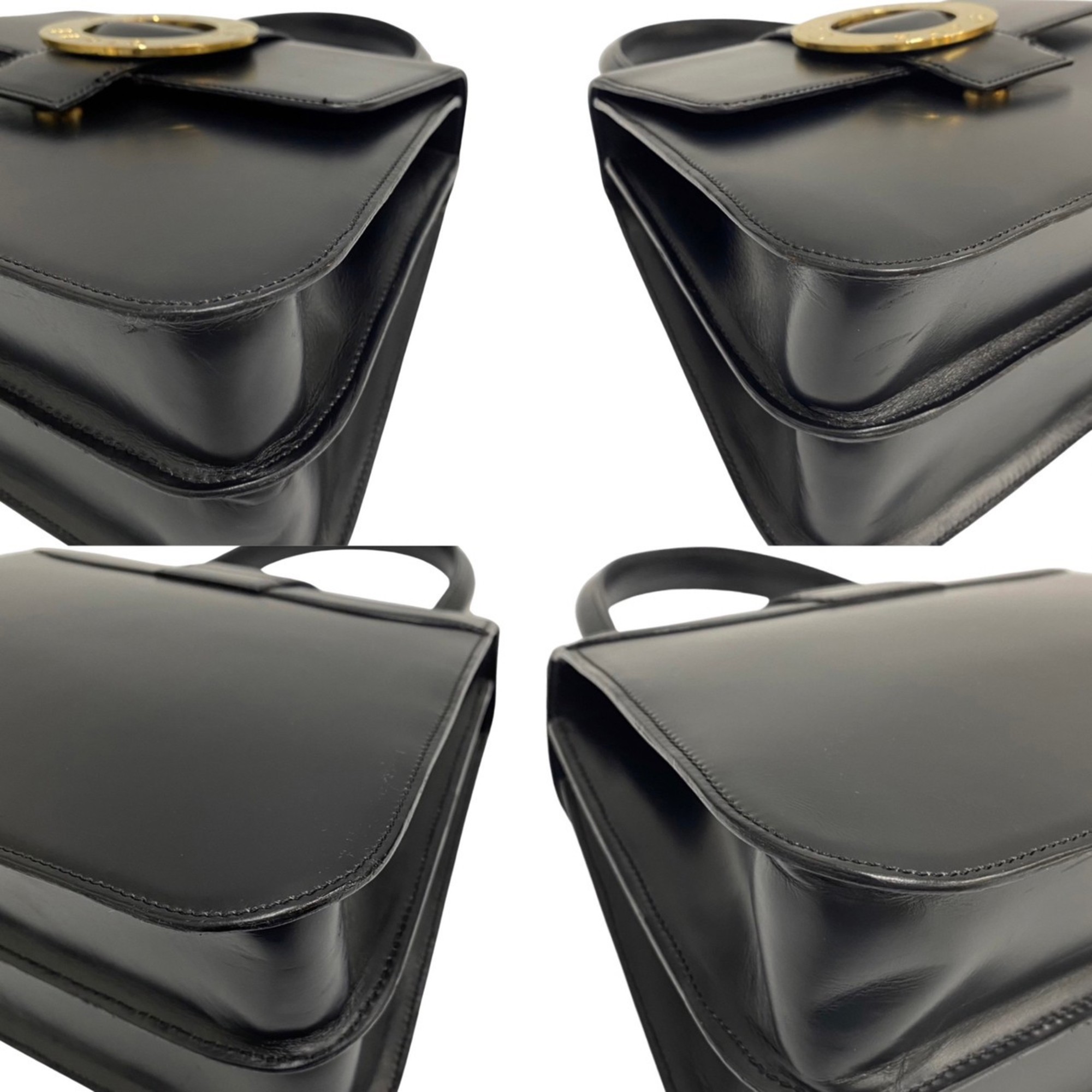 CELINE Circle Logo Metal Fittings Calf Leather Genuine 2way Shoulder Bag Handbag Black