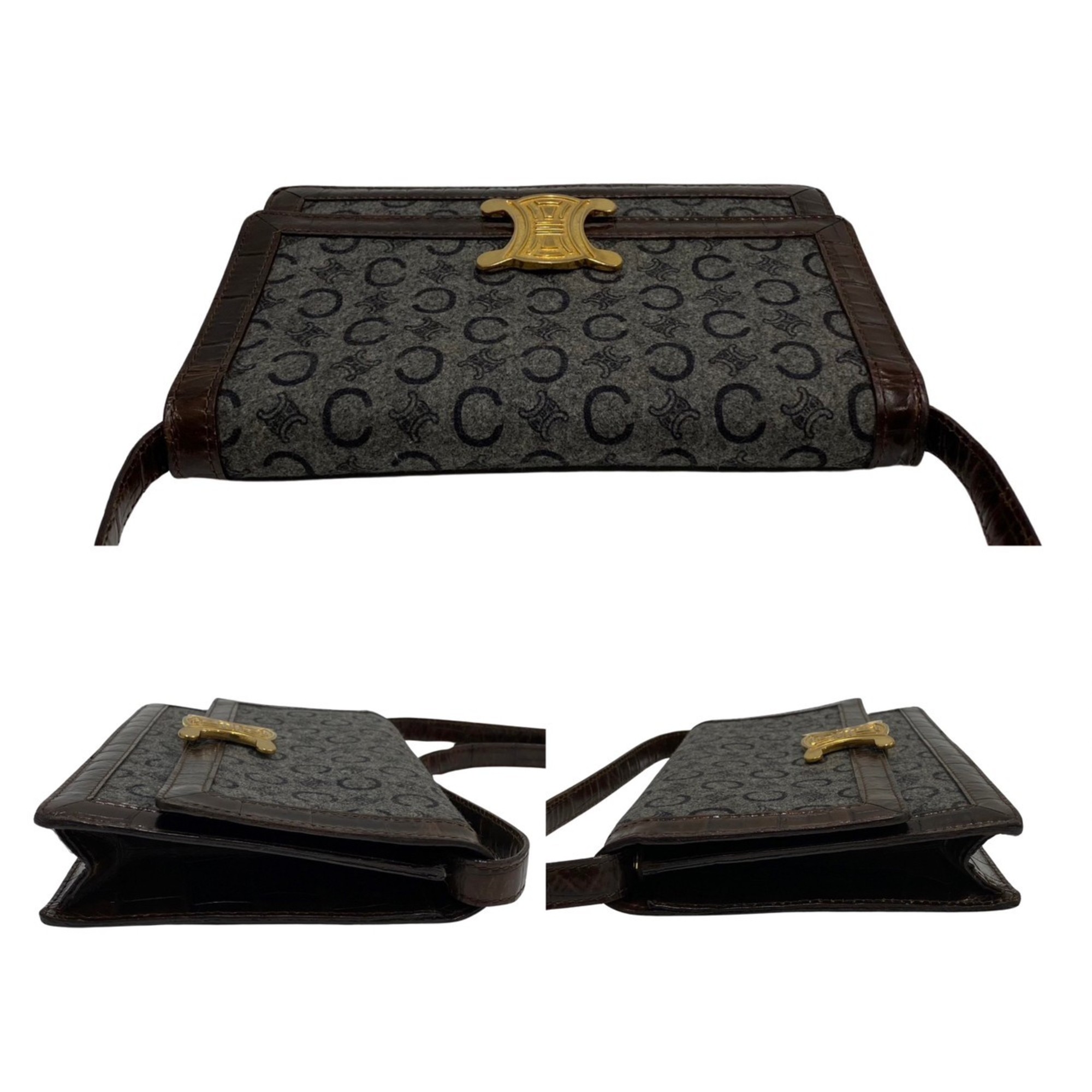 CELINE C macadam pattern logo metal fittings leather genuine wool mini shoulder bag pochette brown gray