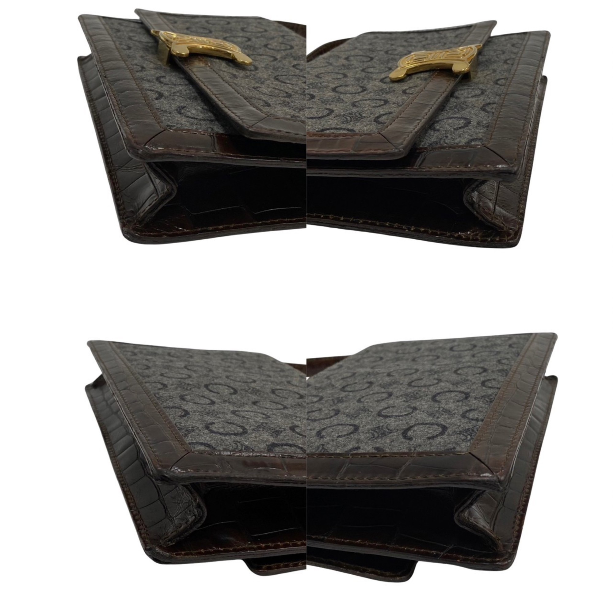 CELINE C macadam pattern logo metal fittings leather genuine wool mini shoulder bag pochette brown gray