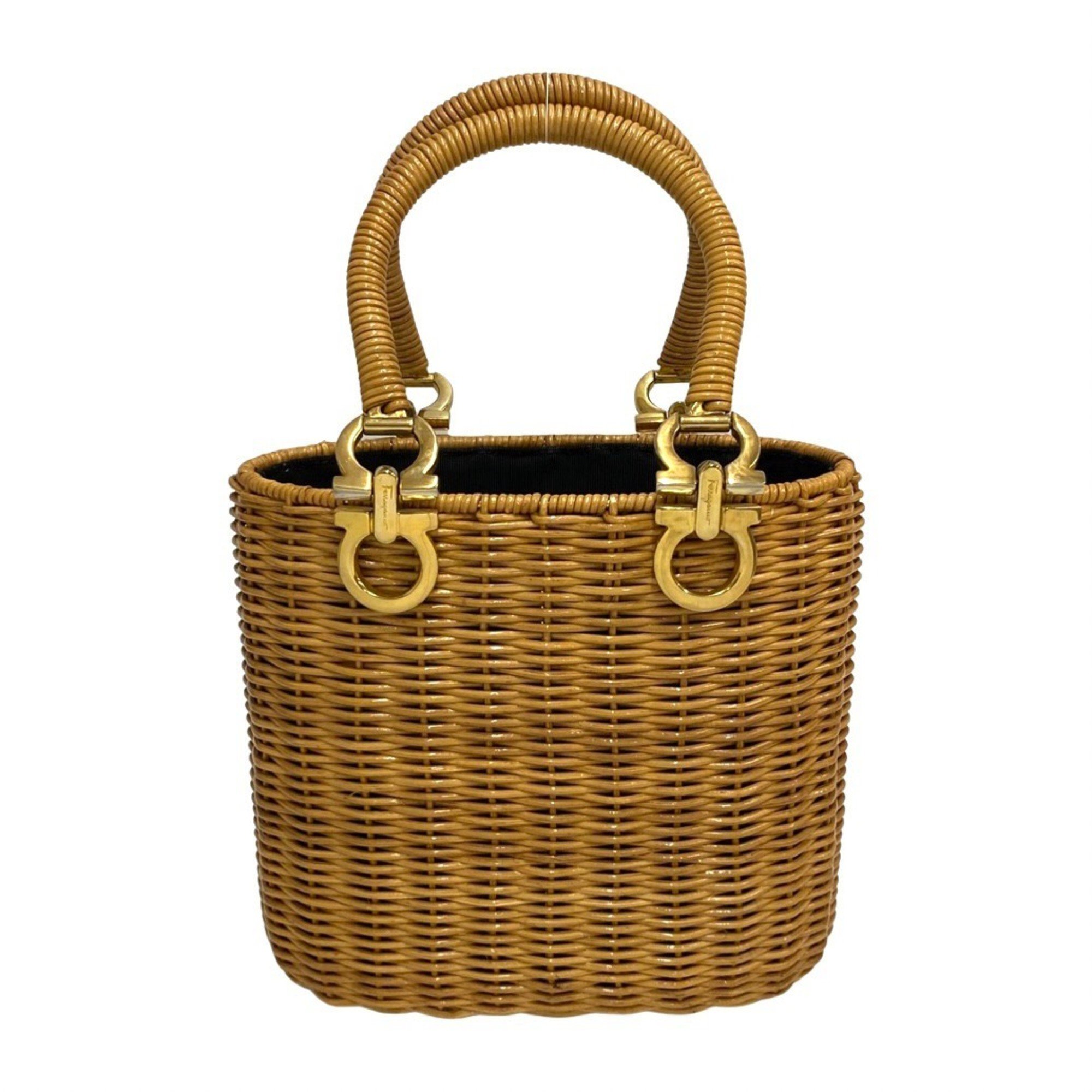Salvatore Ferragamo Gancini logo metal fittings rattan handbag basket bag beige