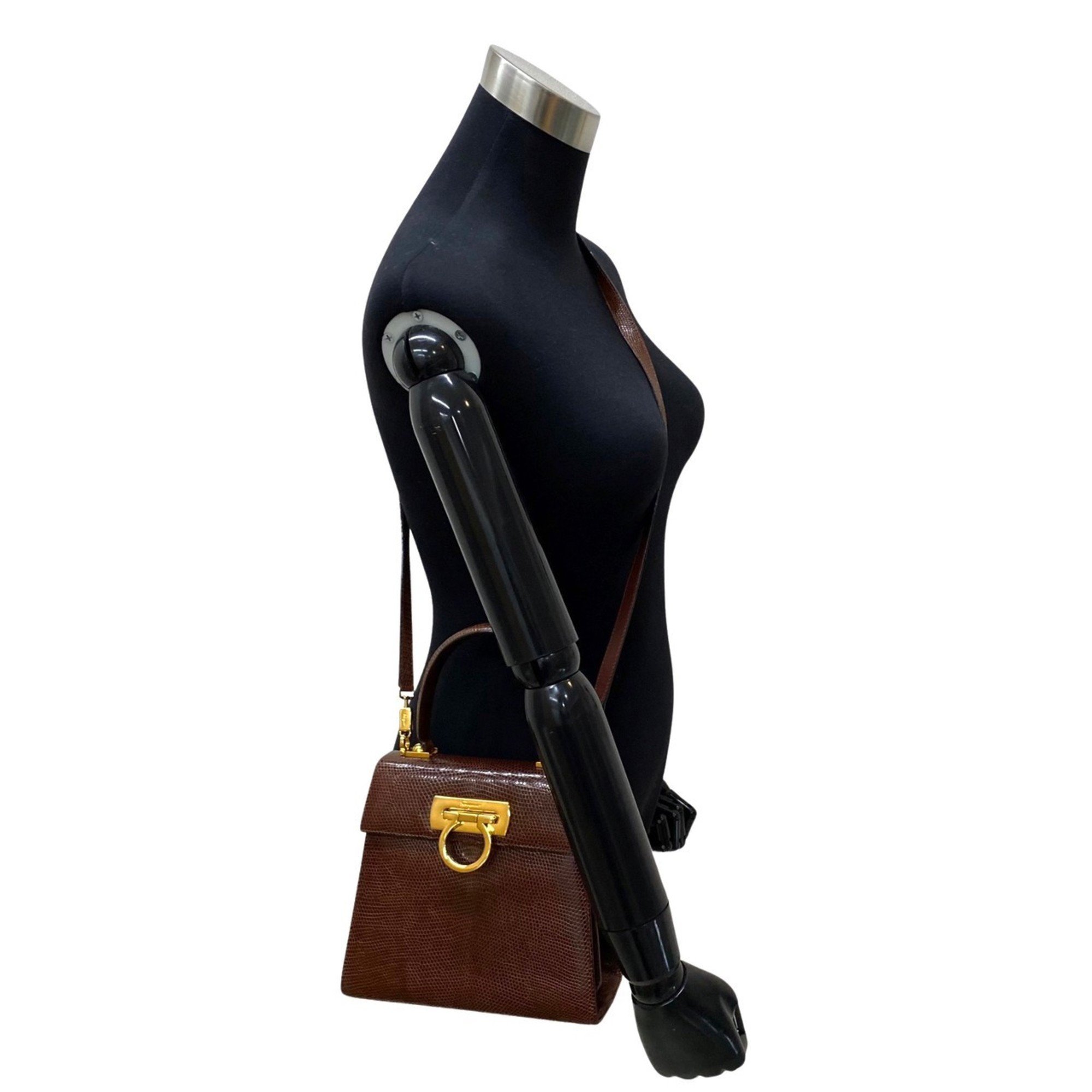 Salvatore Ferragamo Gancini Hardware Leather Genuine 2way Handbag Mini Shoulder Bag Brown