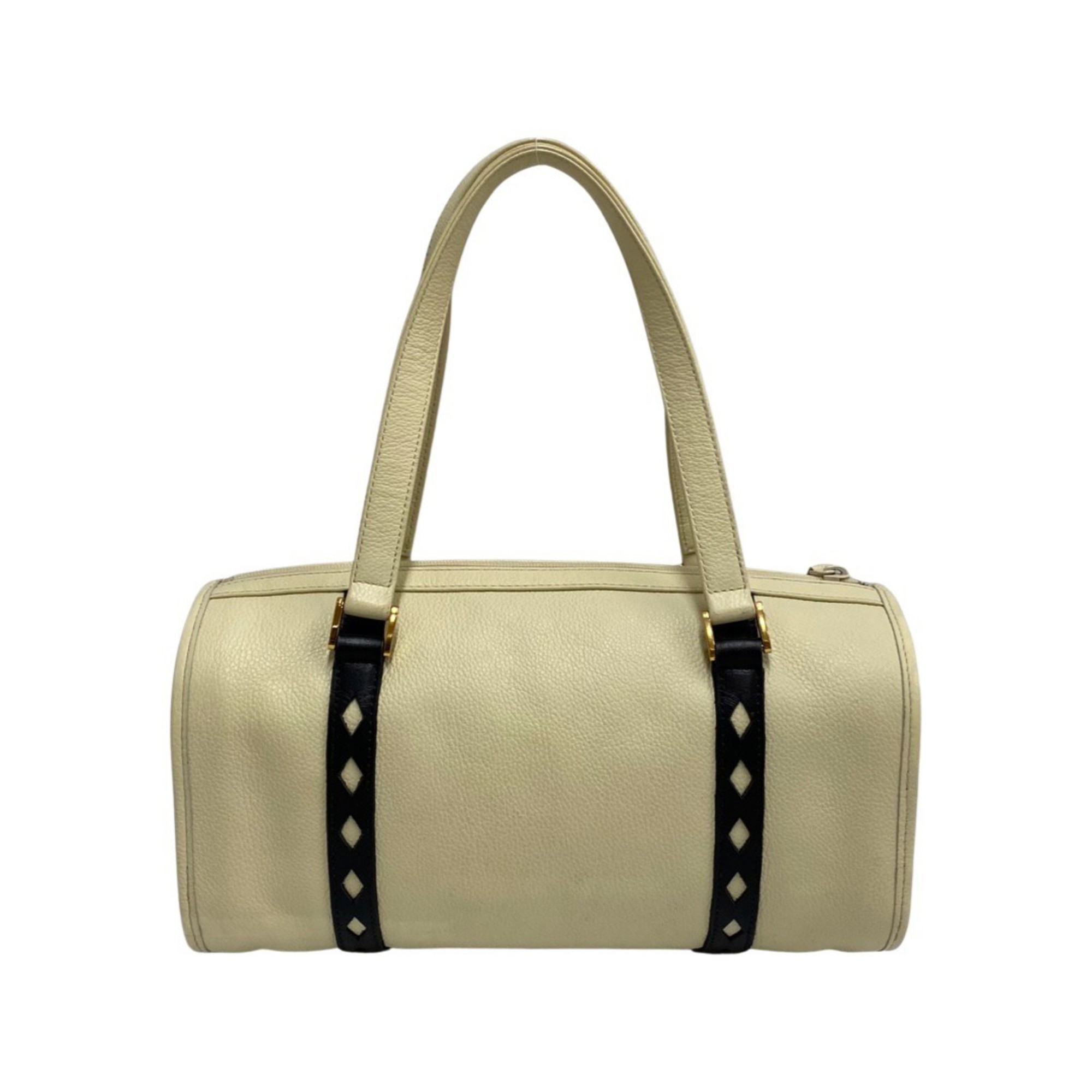 YVES SAINT LAURENT Yves Saint Laurent Cutout Leather Genuine Handbag Mini Boston Ivory