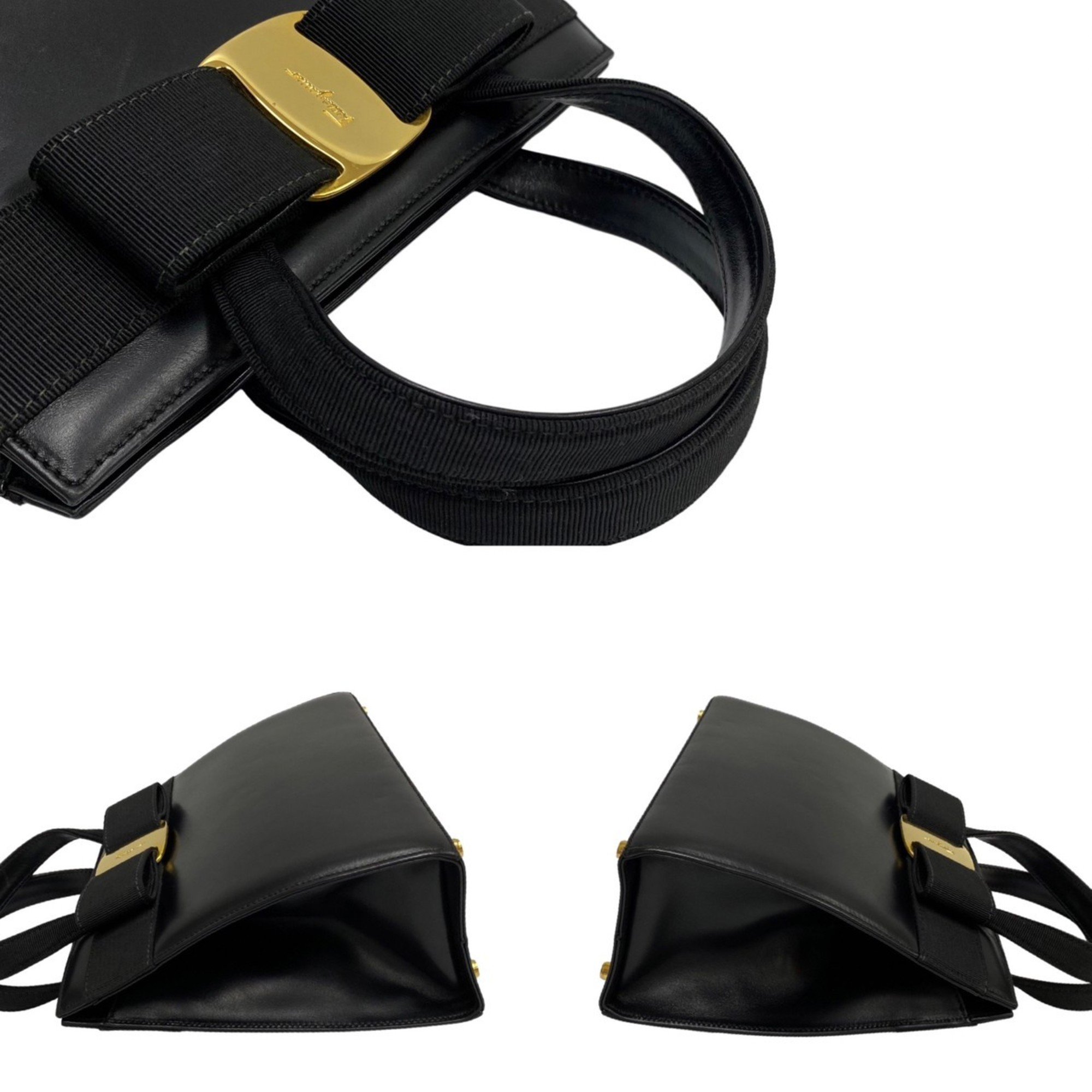 Salvatore Ferragamo Vara Ribbon Leather Genuine Handbag Mini Tote Bag Black