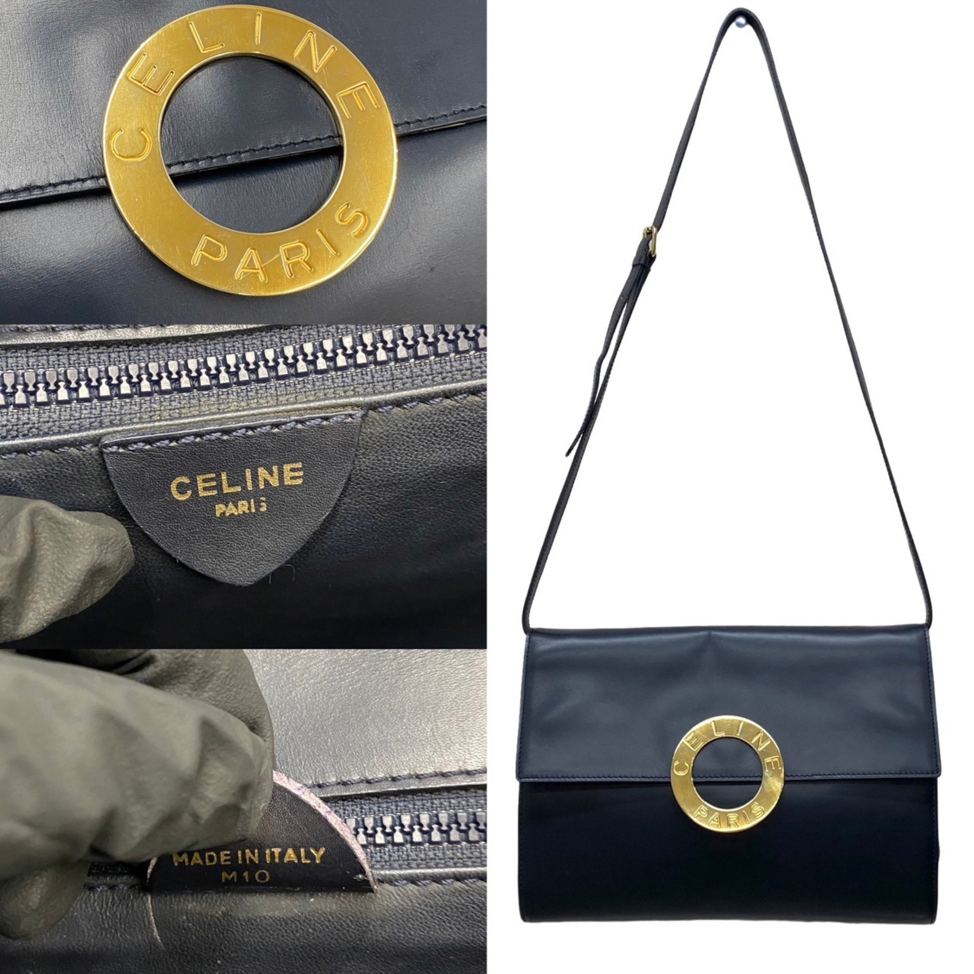 CELINE Circle Logo Metal Fittings Calf Leather Genuine 2way Shoulder Bag Pochette Clutch Navy
