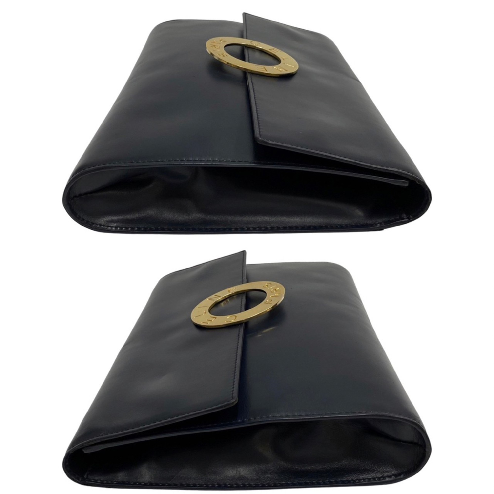 CELINE Circle Logo Metal Fittings Calf Leather Genuine 2way Shoulder Bag Pochette Clutch Navy