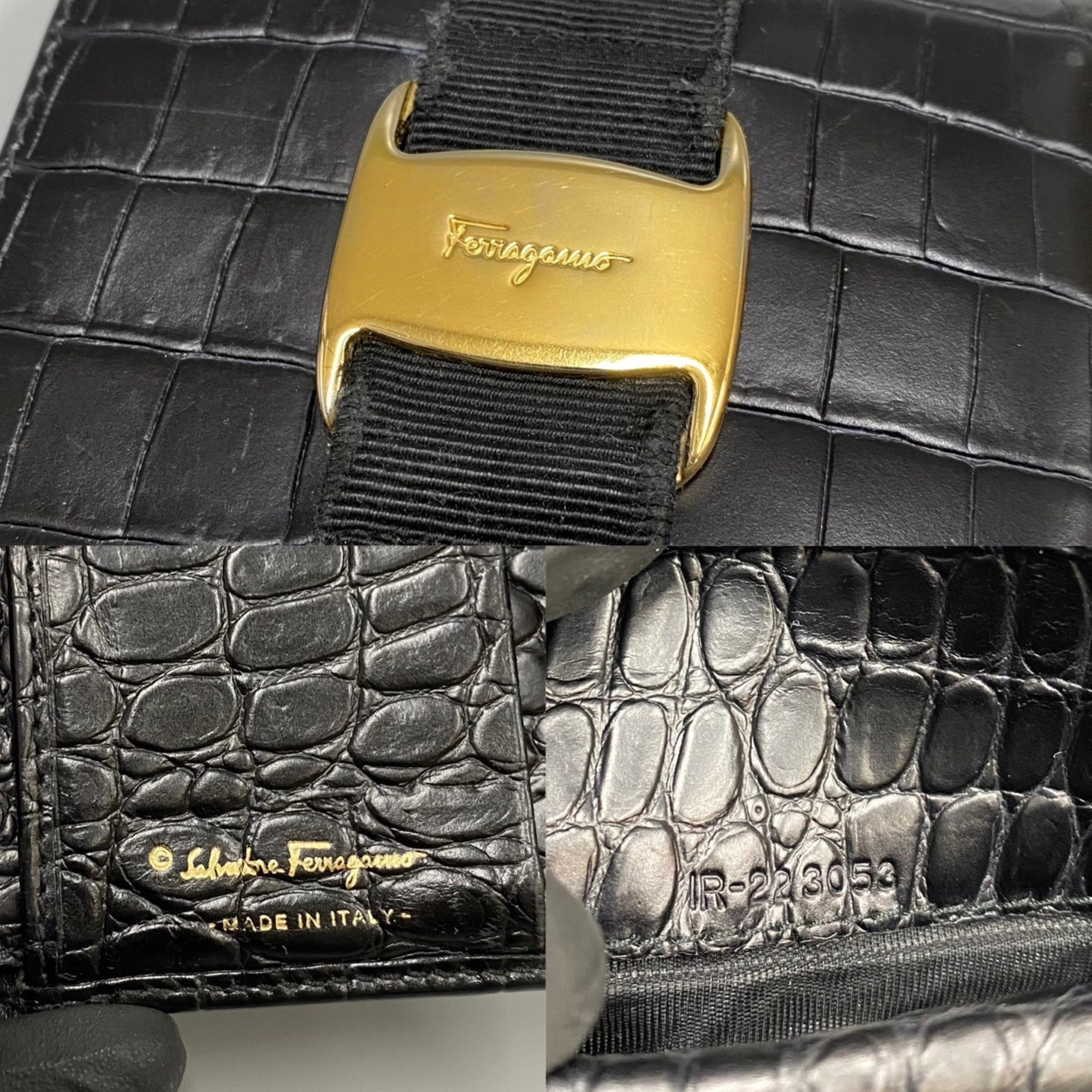 Salvatore Ferragamo Vara Ribbon Logo Hardware Leather Genuine Bifold Wallet Mini Black