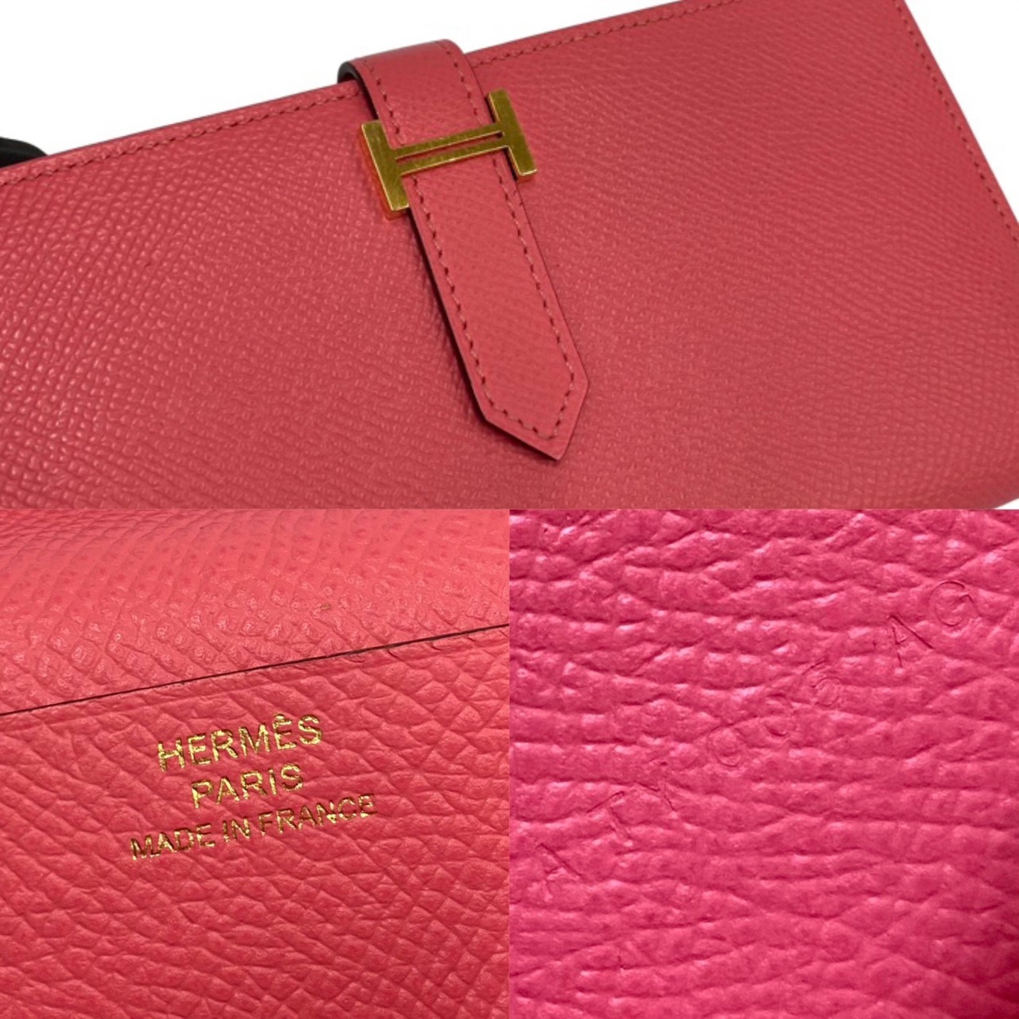 HERMES Beance Soufflé Gold Metal Fittings Vaux Epson Leather Genuine Bifold Long Wallet Pink