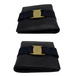 Salvatore Ferragamo Vara Ribbon Hardware Leather Genuine Bifold Wallet Folding Black