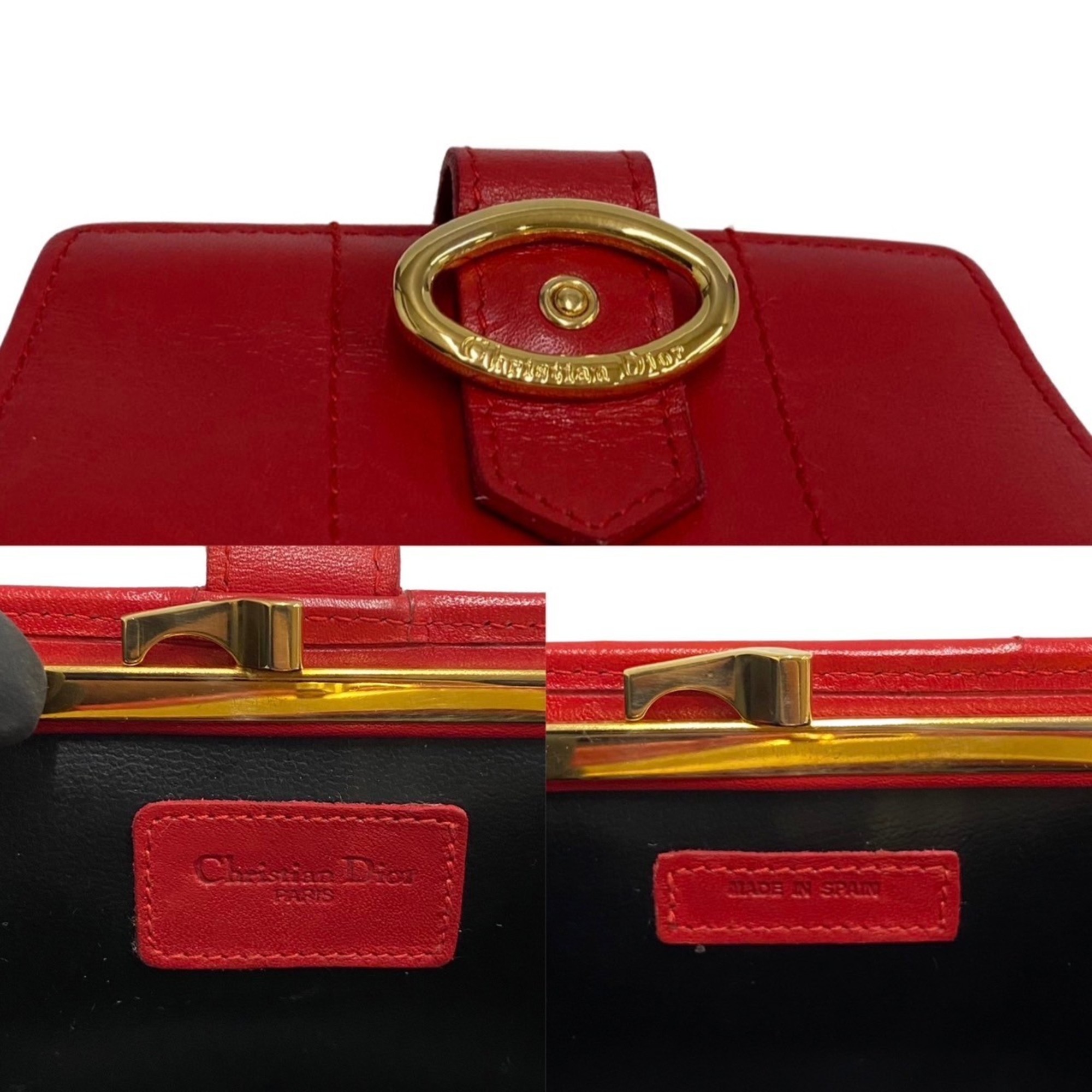 Christian Dior Circle Logo Metal Fittings Calf Leather Genuine Clasp Coin Case Purse Red