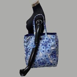 PRADA Triangle Logo Metal Fittings Floral Pattern All Over Nylon Tote Bag Handbag Eco Blue White