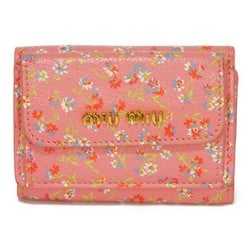 Miu MIUMIU Trifold Wallet Compact Flap Madras Flower Floral Pattern Multicolor Logo Goatskin Pink 5MH021 Ladies Bill Purse