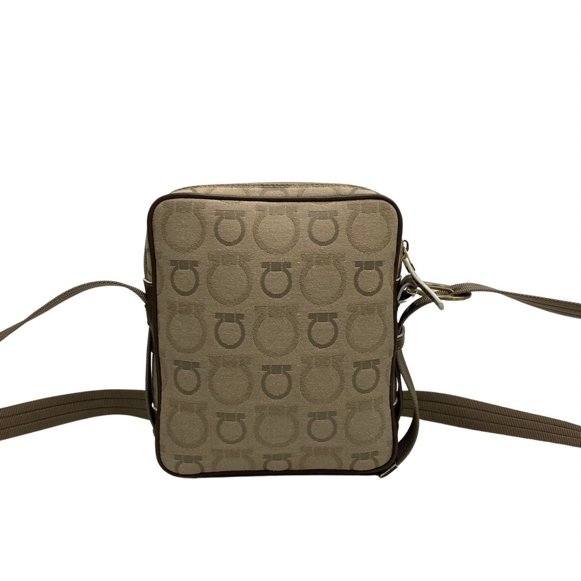 Salvatore Ferragamo Gancini Hardware Pattern Leather Canvas Mini Shoulder Bag Brown