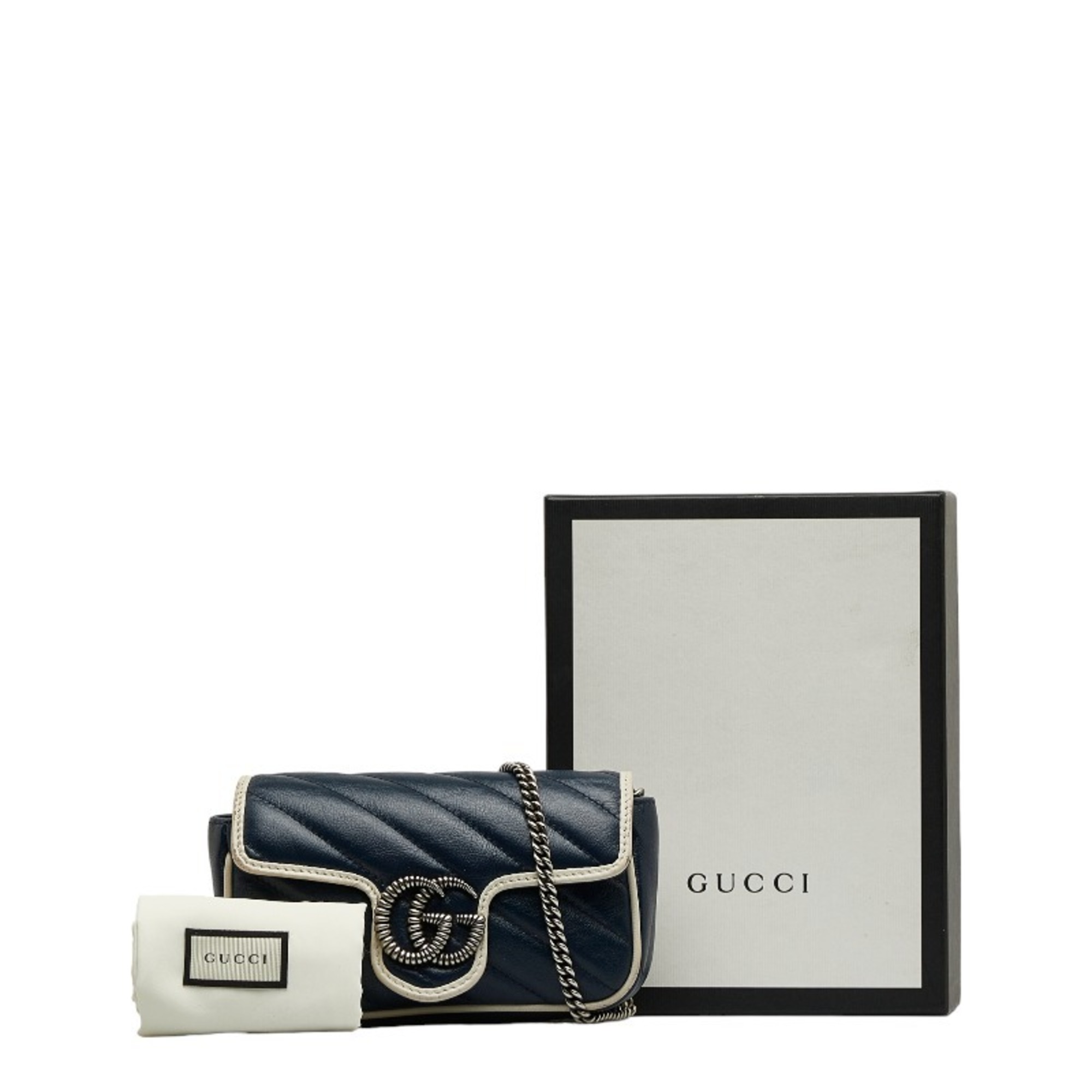 Gucci GG Marmont Quilted Chain Shoulder Bag 574969 Navy White Leather Women's GUCCI