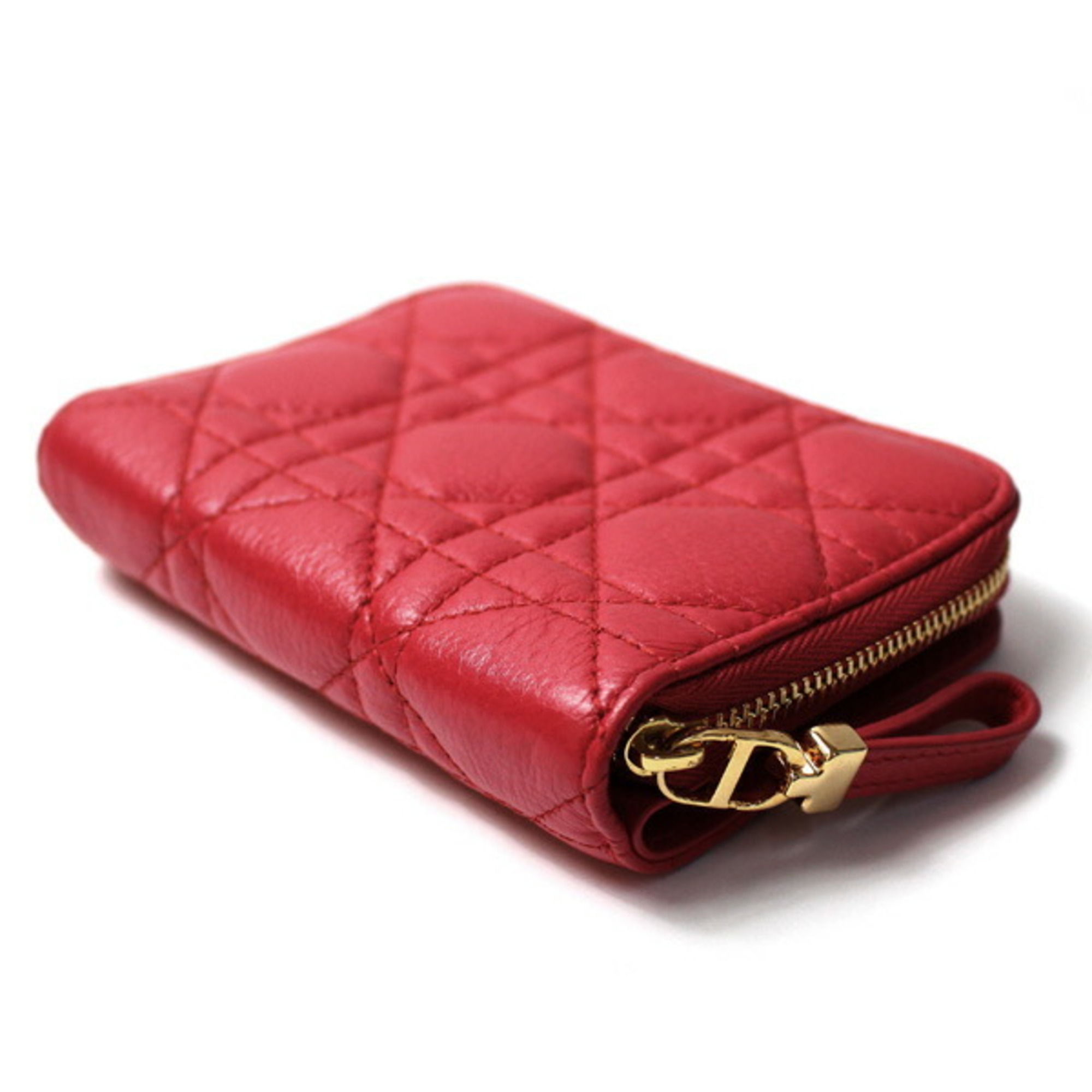 Christian Dior Caro Cannage Stitch Round Bifold Wallet Red S5032UWHC Women's