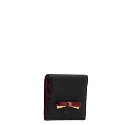 MCM Ribbon Studded Bifold Wallet Black Wine Red Leather Women's