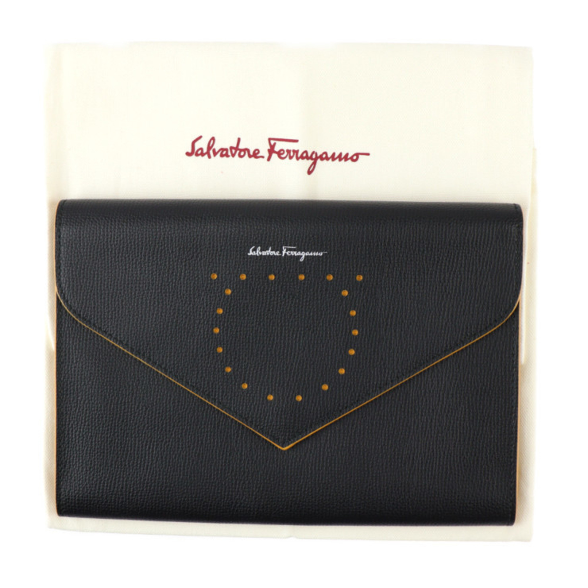 Salvatore Ferragamo Gancini clutch bag 22 D541 leather black bright yellow silver hardware tablet case multi second pouch tri-fold punching