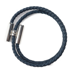 HERMES Tournis Tresse Bracelet Leather Navy Silver Hardware Braided Double