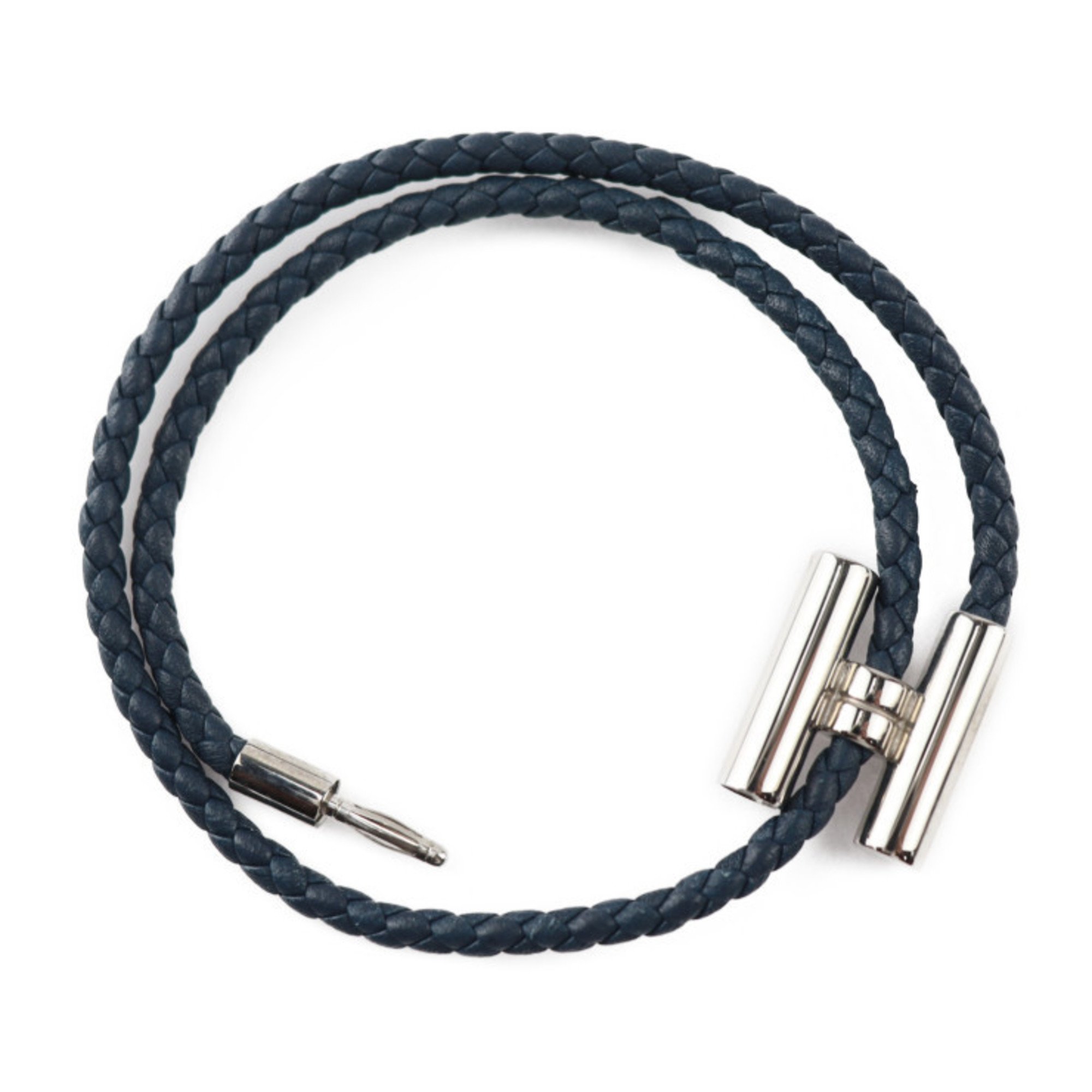 HERMES Tournis Tresse Bracelet Leather Navy Silver Hardware Braided Double