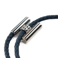 HERMES Tournis Tresse Bracelet Leather Navy Silver Hardware Braided Double