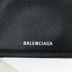 BALENCIAGA Trifold Wallet 617781 Leather Black B Logo W Hook Mini Compact Quilting