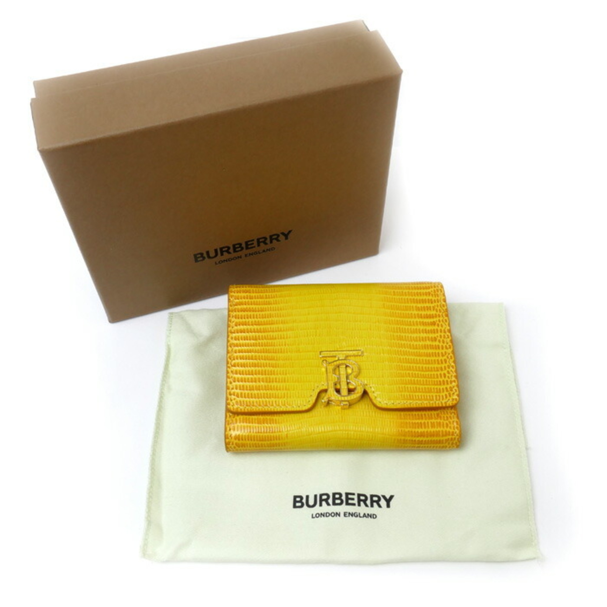 BURBERRY TB Compact Wallet Trifold Yellow 80660021 Embossed Leather Women's