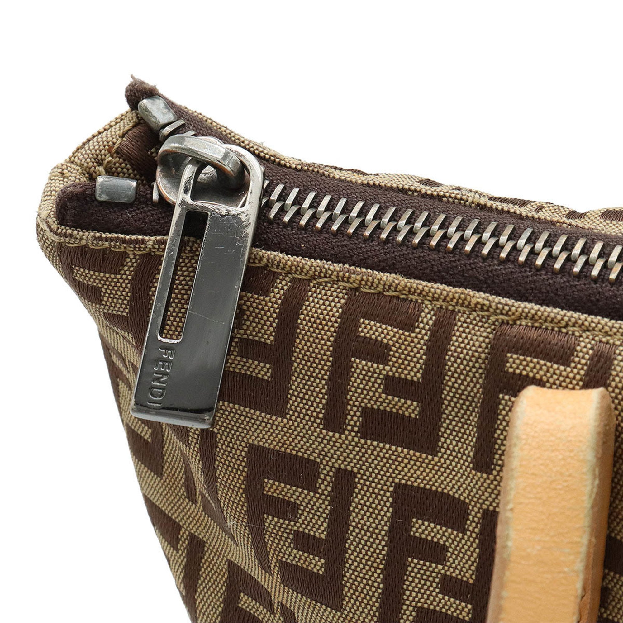 FENDI Zucchino Zucca Pattern Tote Bag Handbag Canvas Leather Khaki Beige Dark Brown 8BH024