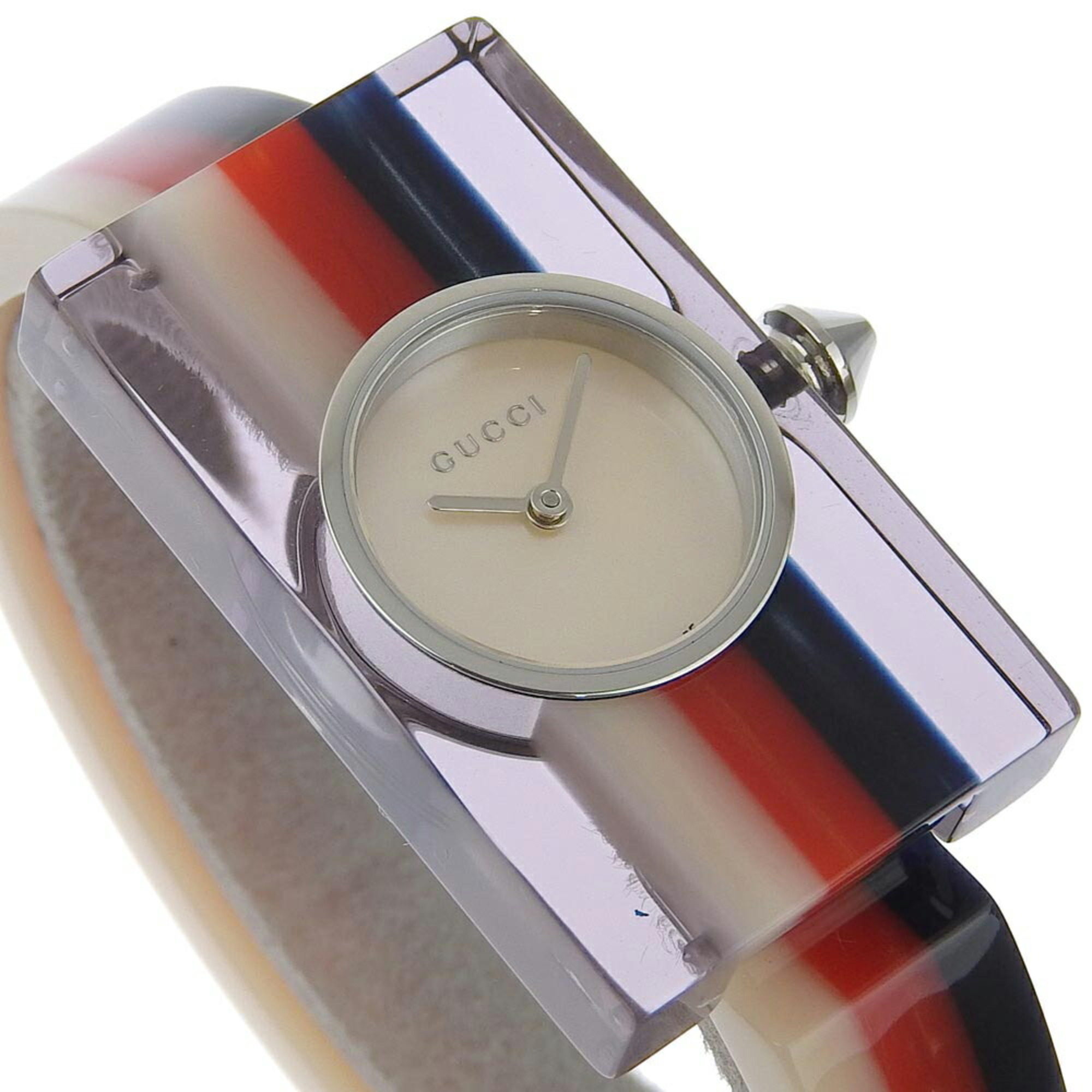 GUCCI Vintage Web Watch Bangle 143.5 Stainless Steel x Plastic Swiss Made White/Red/Navy Quartz Analog Display Silver Shell Dial web Ladies