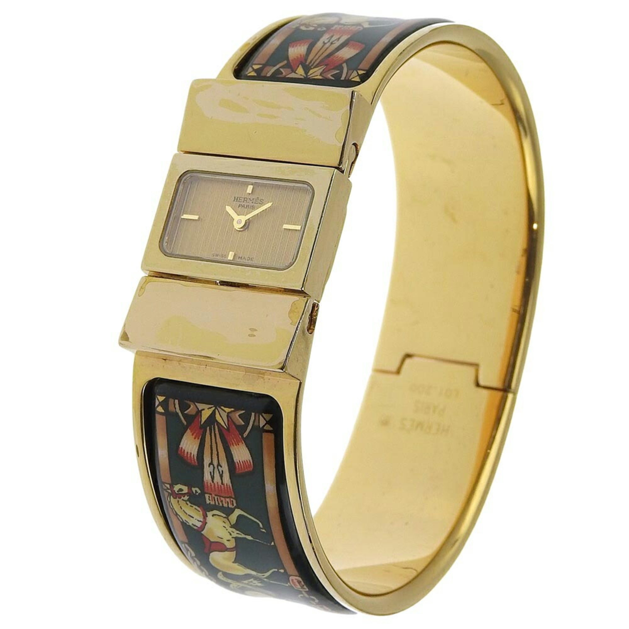 HERMES Location Watch Cloisonné LO1.201 Gold Plated Swiss Made Green Quartz Analog Display Dial Ladies