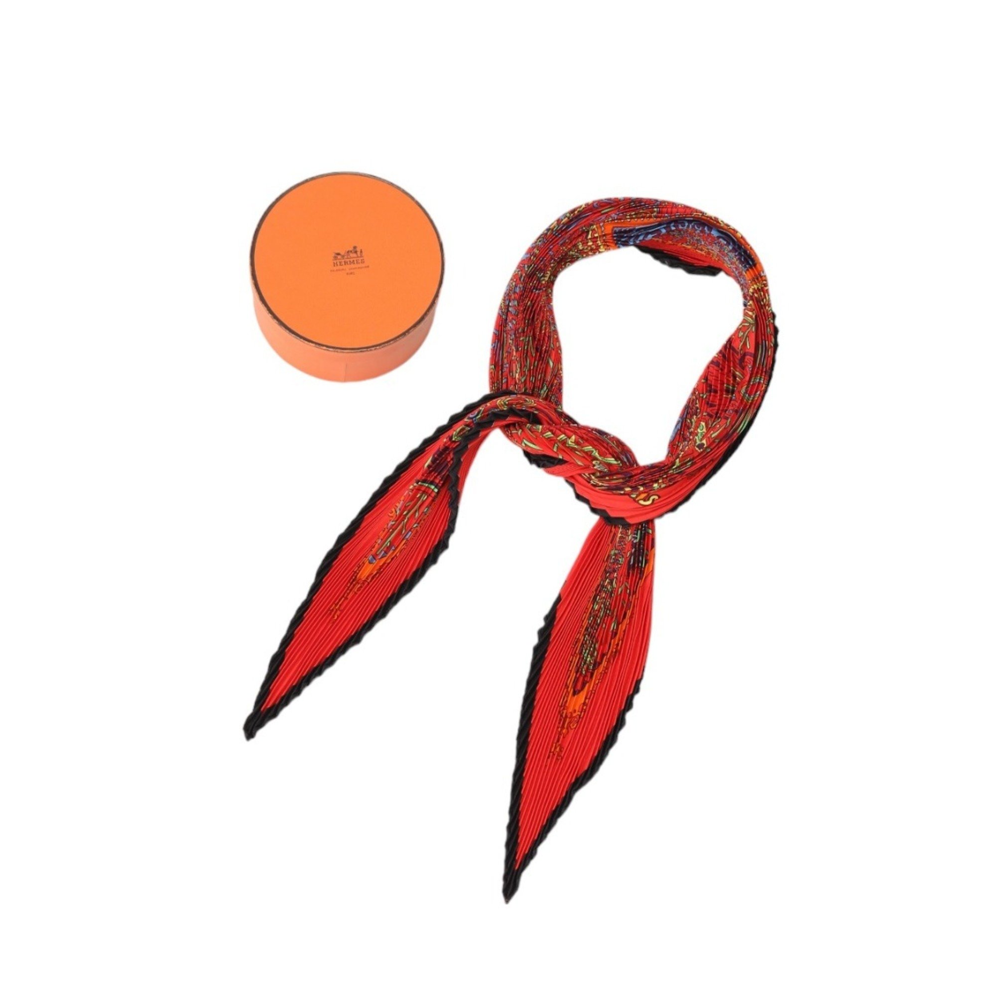 HERMES Pleated Scarf Silk Hermes Red