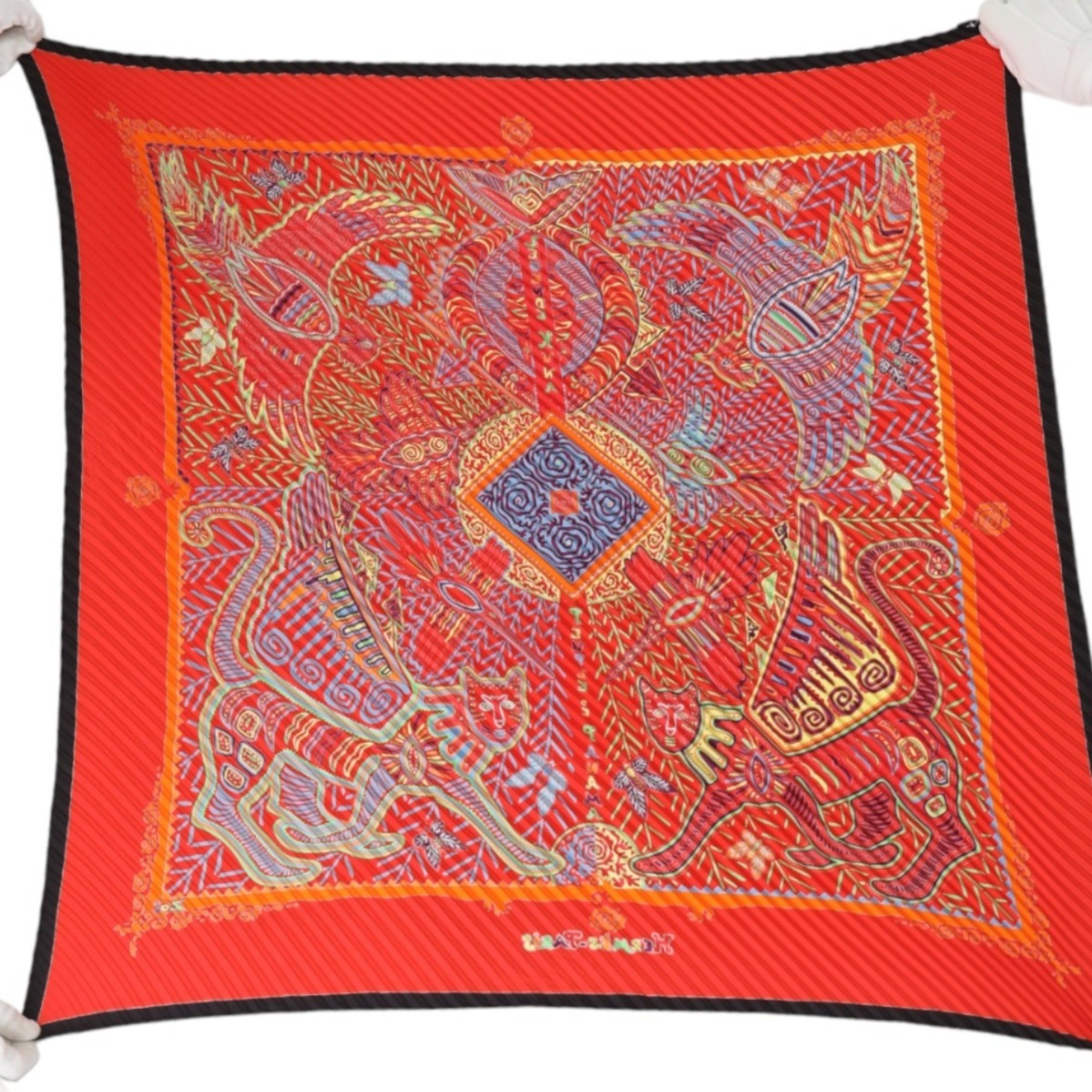 HERMES Pleated Scarf Silk Hermes Red