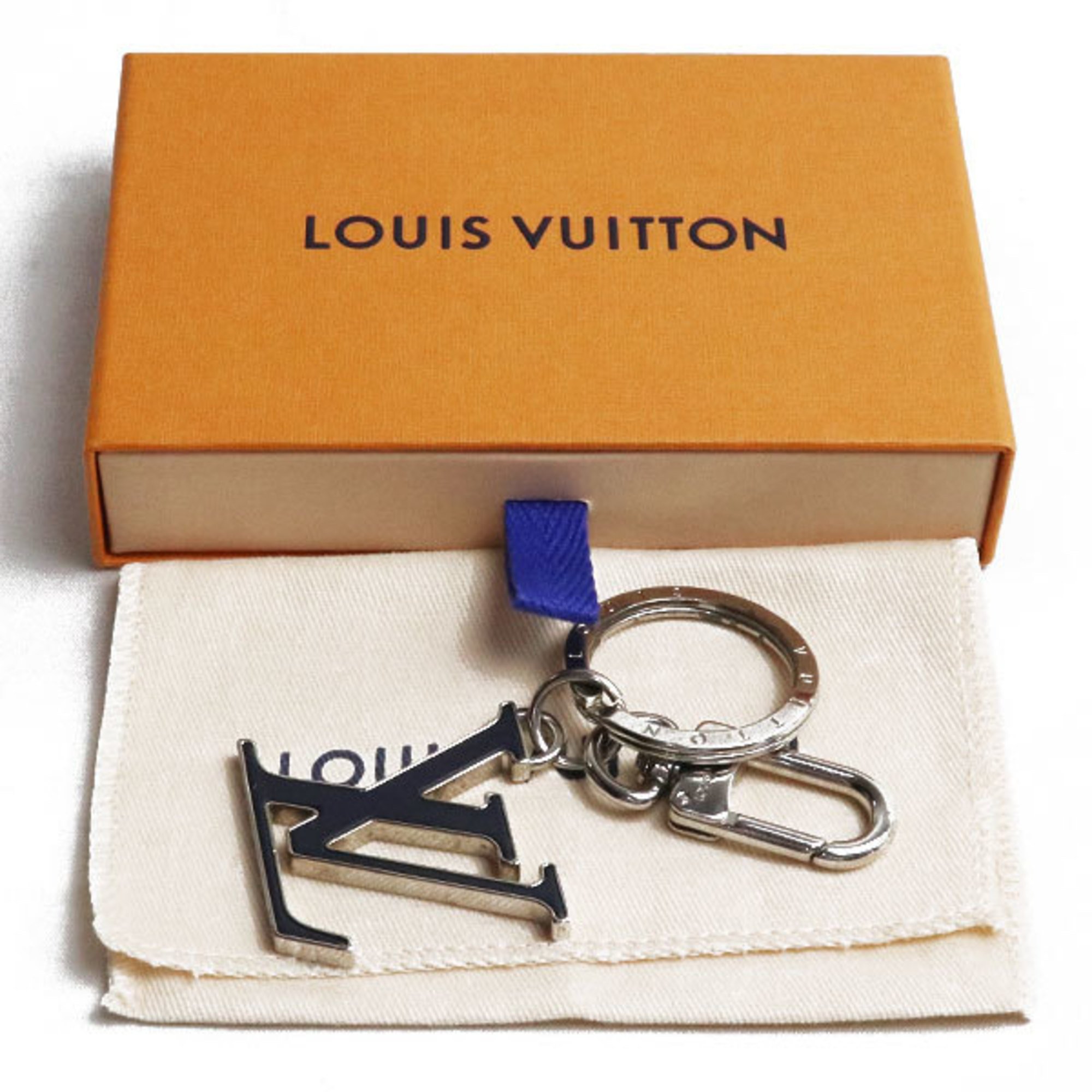 LOUIS VUITTON Inlay Logo Keychain Keyring Silver/Navy M68666