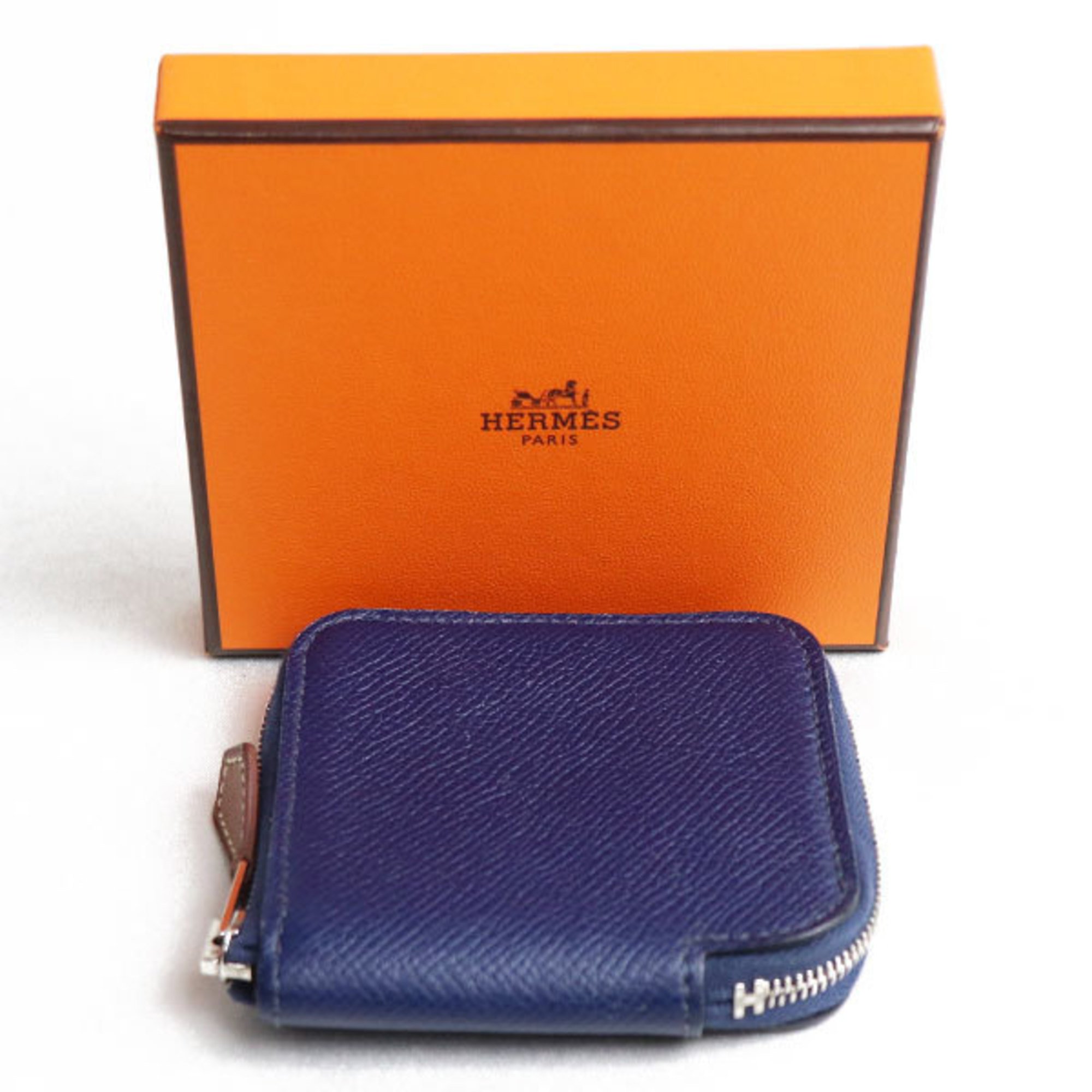 HERMES Coin Case Azap Silk In Compact Mini Purse Women's Navy X Engraved Vaux Epson