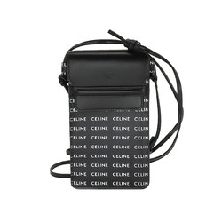 CELINE Logo Flap Mobile Pouch Shoulder Bag Leather Black White 10G332 Phone with