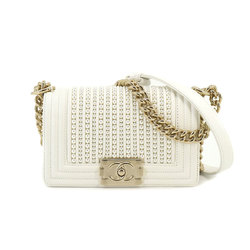CHANEL Boy Chanel Small Fake Pearl Chain Shoulder Bag Leather White A67085 Gold Hardware