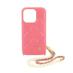 CHANEL Matelasse iPhone 14 PRO Smartphone Case Pearl Long Chain Leather Pink AP3556