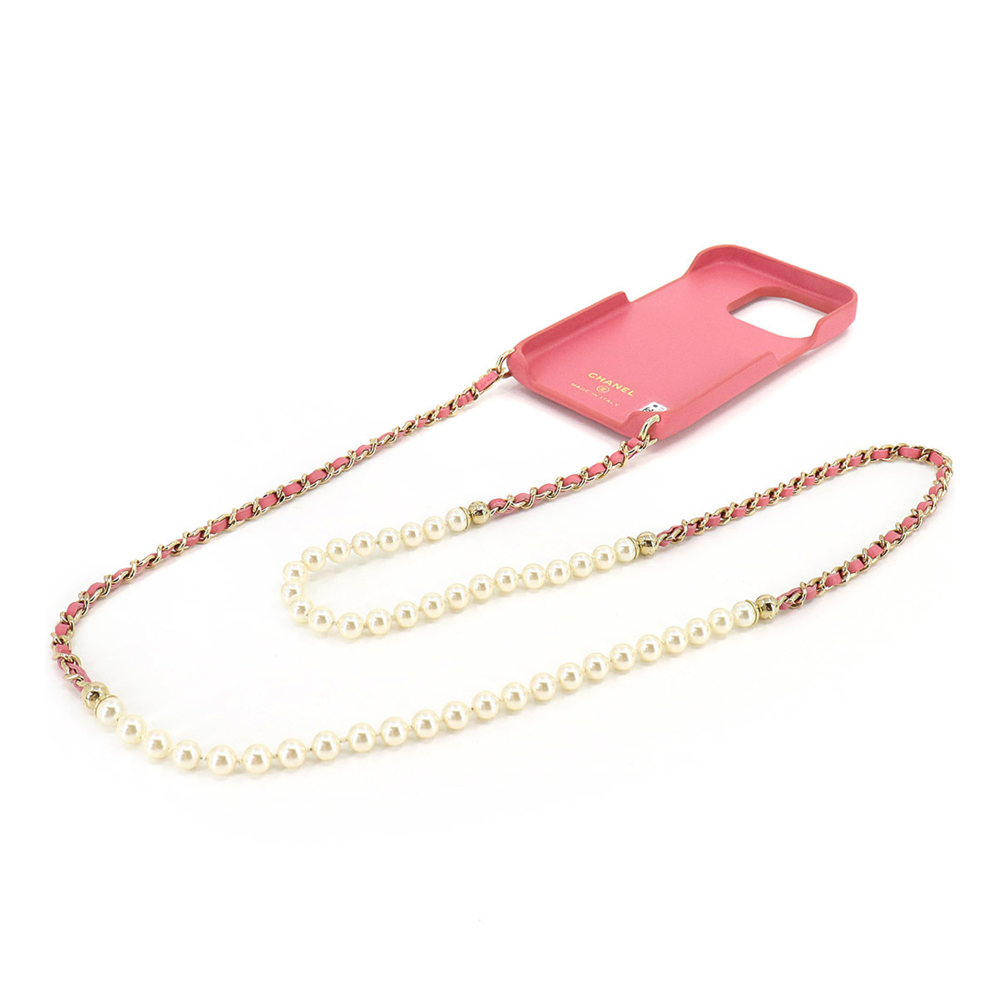 CHANEL Matelasse iPhone 14 PRO Smartphone Case Pearl Long Chain Leather Pink AP3556