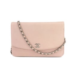 CHANEL caviar skin chain wallet long pink silver metal fittings here mark Chain Wallet