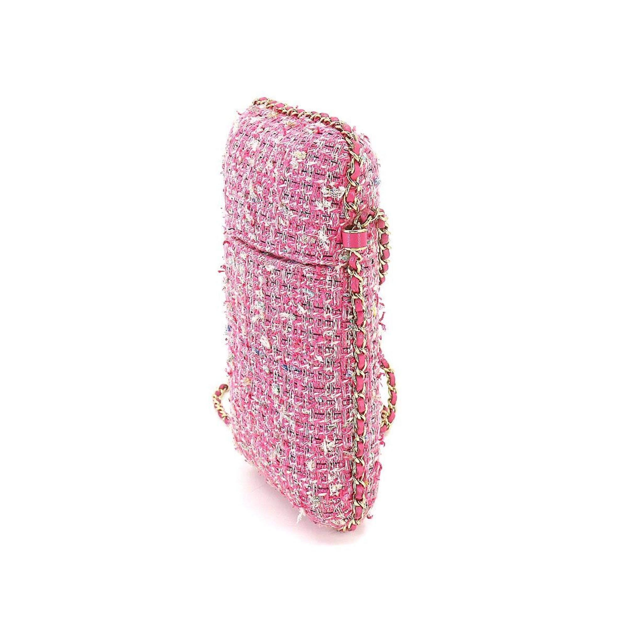 CHANEL Matelasse Chain Phone Holder Shoulder Bag Tweed Leather Pink A94471