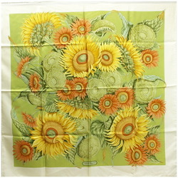 Salvatore Ferragamo Silk Scarf Muffler Cream x Lime Green Sunflower Pattern SALVATORE FERRAGAMO Women's