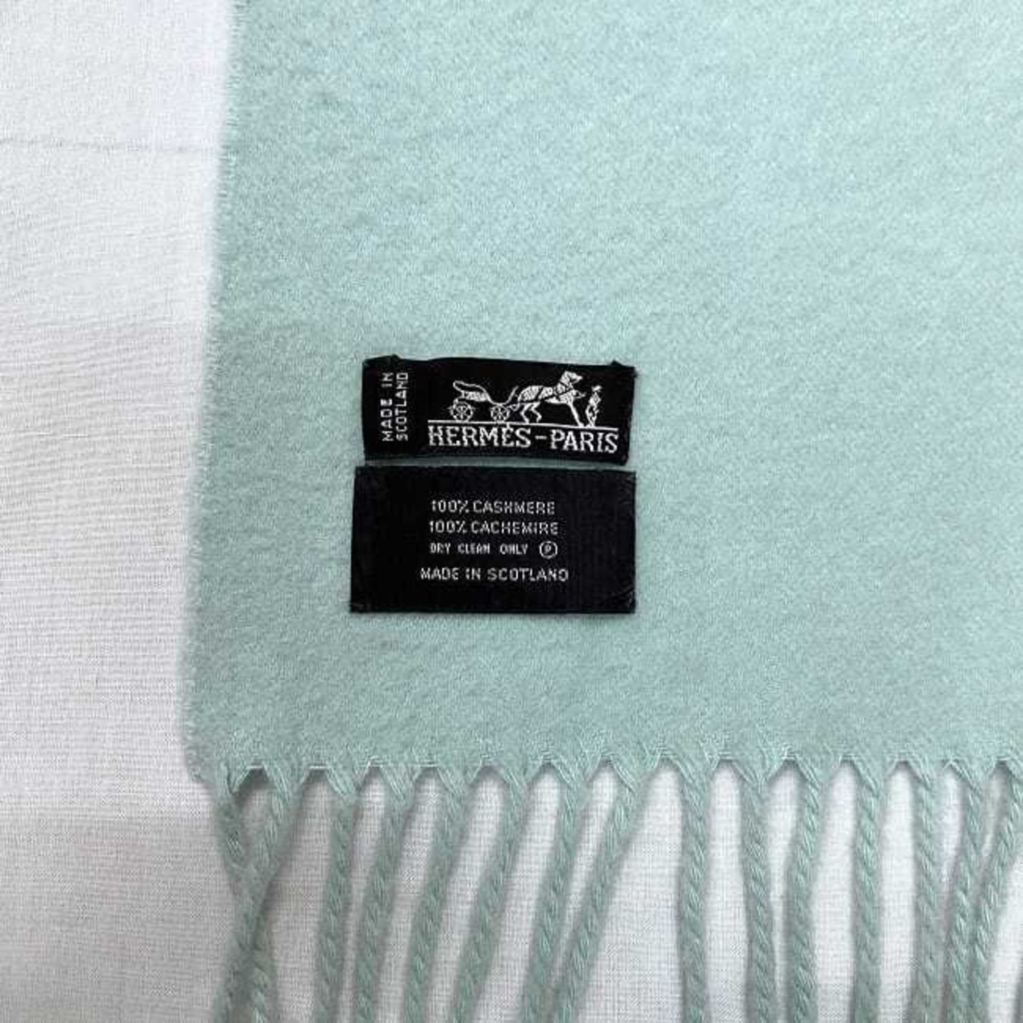 Hermes large muffler light blue cashmere 100% HERMES long embroidery ladies accessory measures