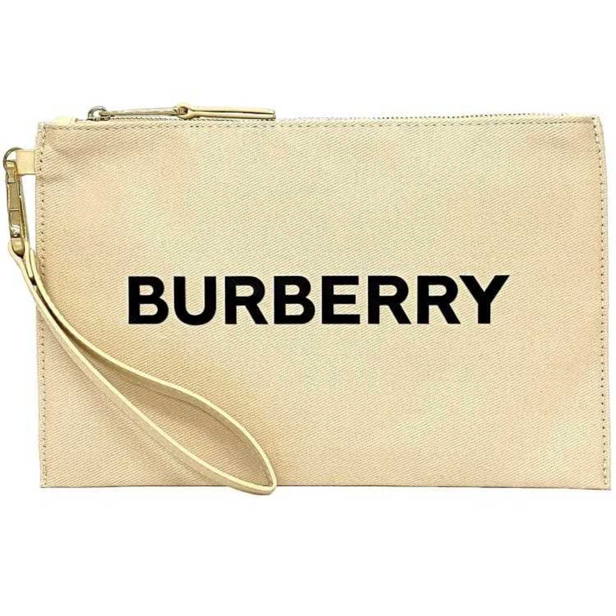 Burberry Clutch Bag Cream Beige Gold 99350113489 Canvas Leather GP BURBERRY Strap Print Pouch No Gusset