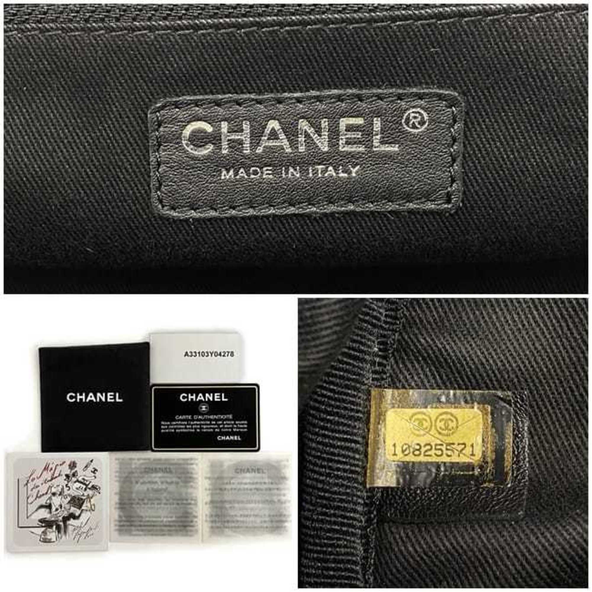 Chanel Boston Bag Black Silver Paris New York A33103 Nylon Leather 10th CHANEL Coco Mark Quilting Wild Stitch Women's