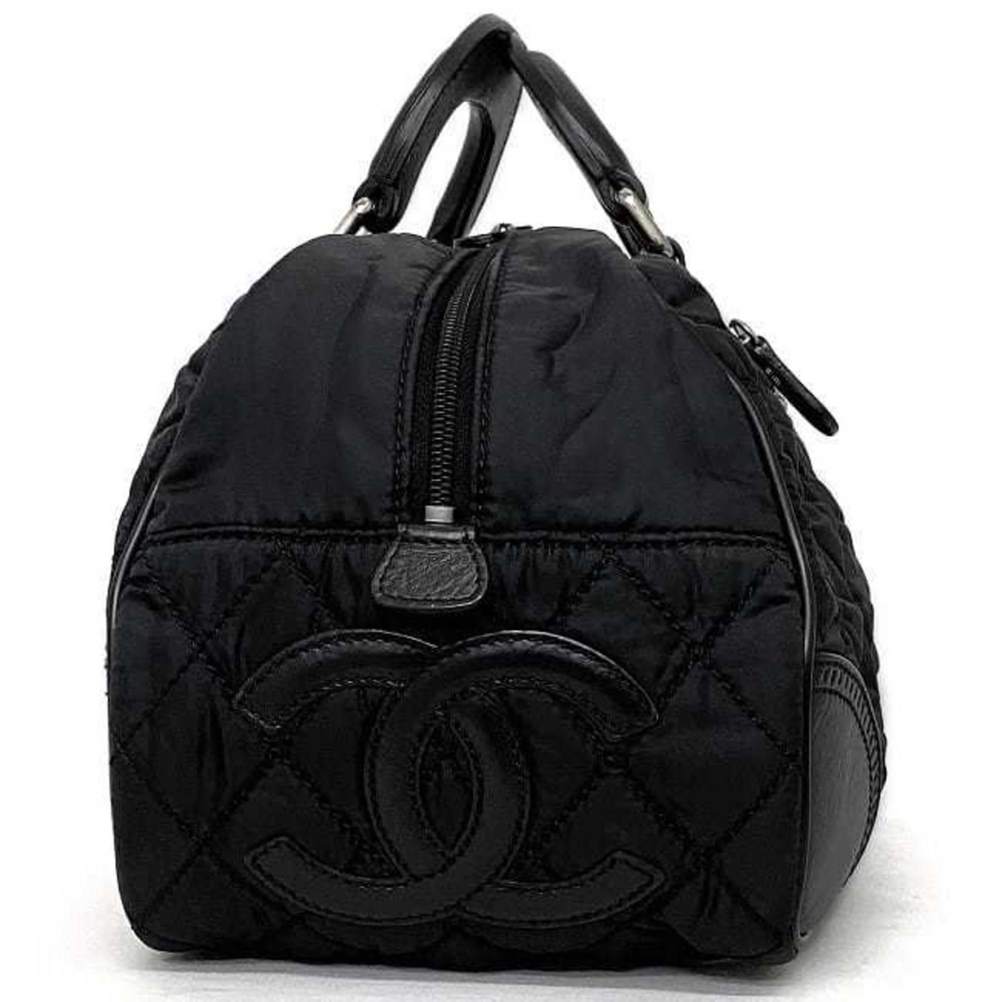 Chanel Boston Bag Black Silver Paris New York A33103 Nylon Leather 10th CHANEL Coco Mark Quilting Wild Stitch Women's