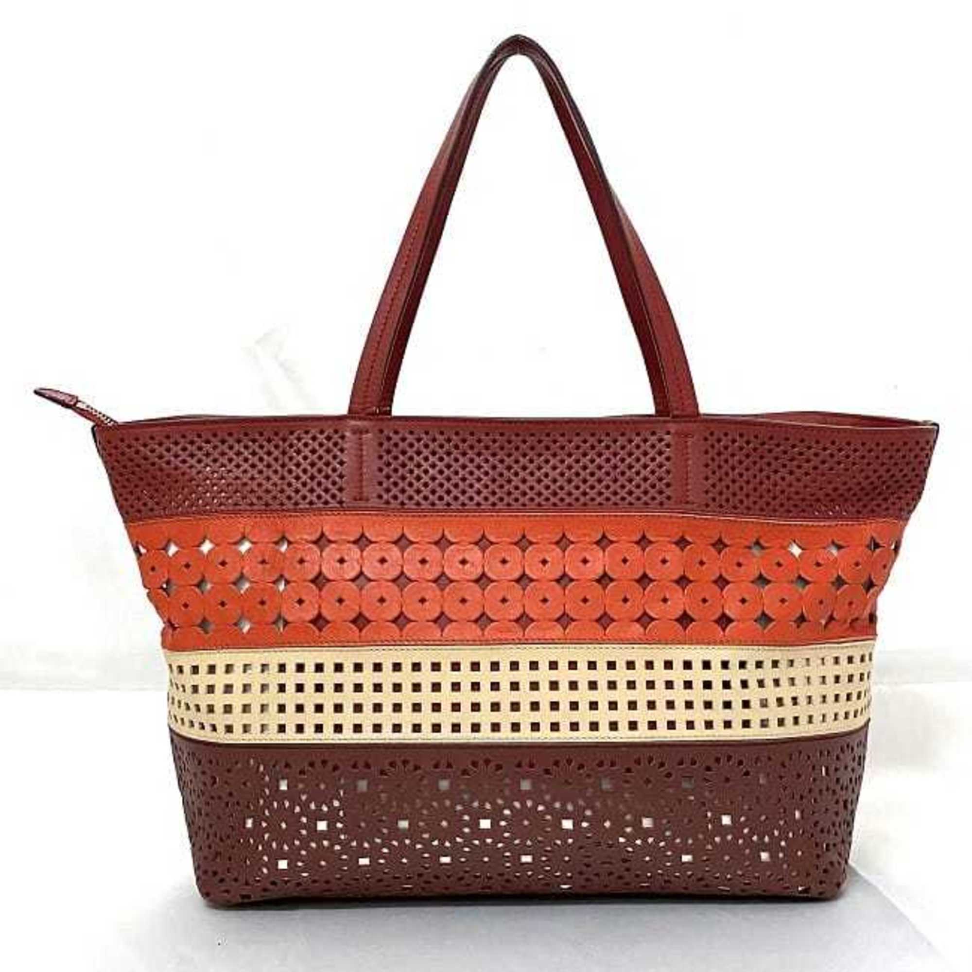 Salvatore Ferragamo Tote Bag Red Beige Orange Gancini Leather Flower Ladies